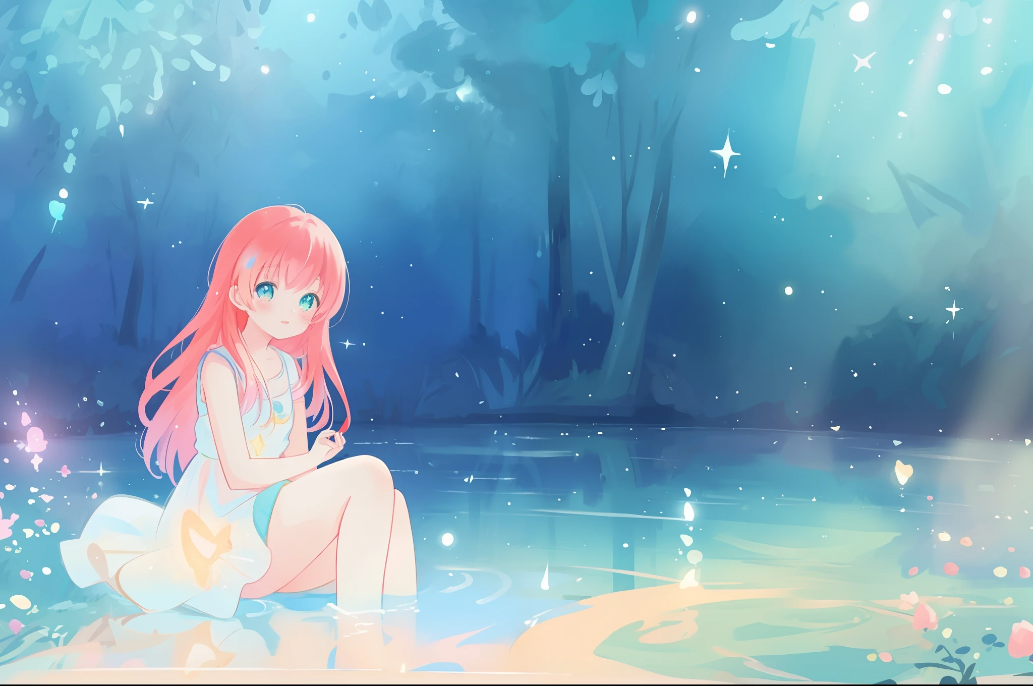 beautiful girl sitting in the water, beautiful anime girl in simple flowing white dress, vibrant pastel colors, (colorful), magical lights, long red hair, sparkling lights, fairy lights, inspired by Glen Keane, inspired by Lois van Baarle, disney art style, by Lois van Baarle, glowing aura around her, by Glen Keane, jen bartel, glowing lights! digital painting, flowing glowing hair, glowing flowing hair, beautiful digital illustration, whimsical, magical, fantasy, beautiful face, ((masterpiece, best quality)), intricate details, highly detailed, sharp focus, 8k resolution, sparkling detailed eyes, liquid watercolor, forest landscape