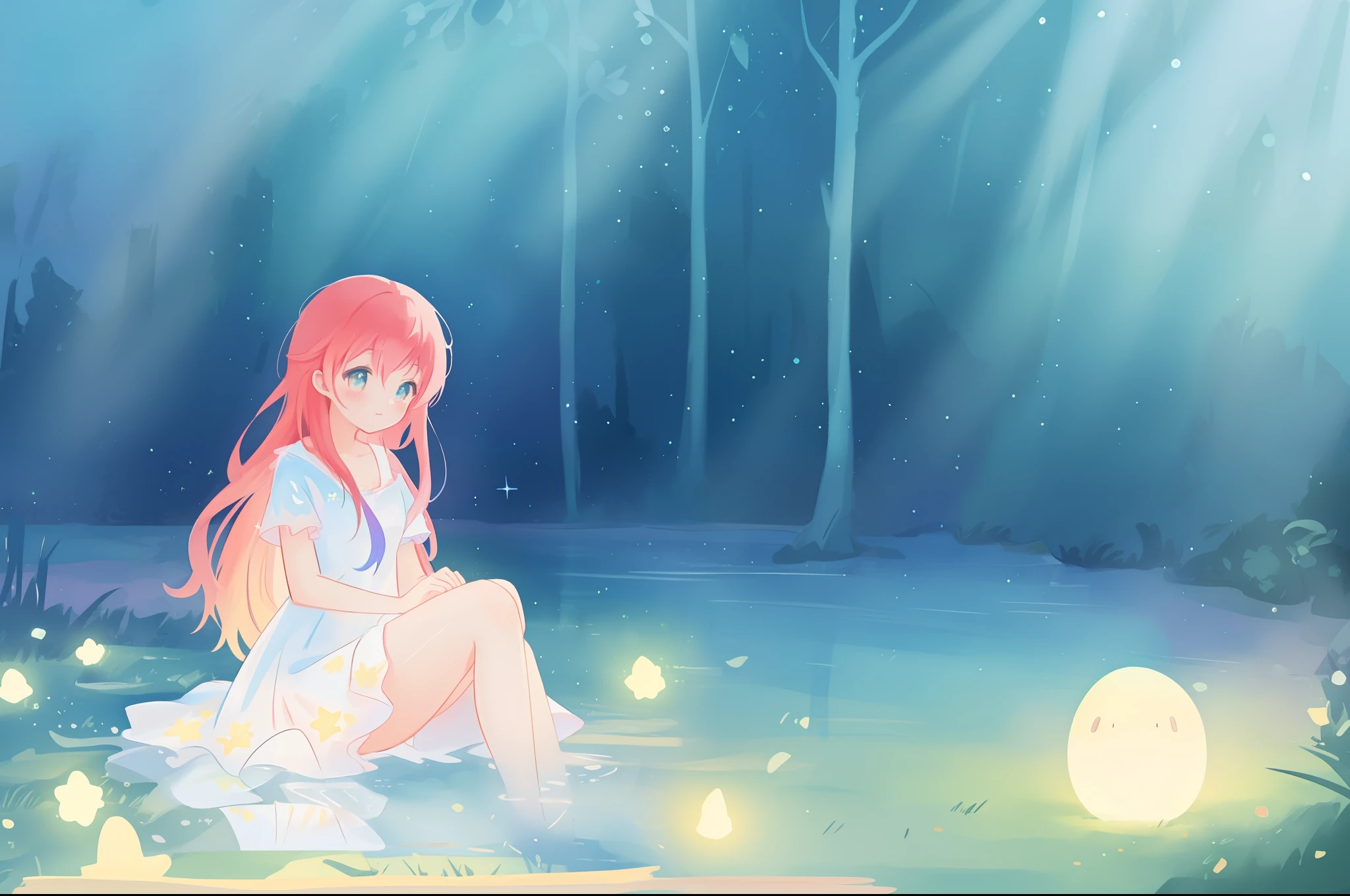 beautiful girl sitting in the water, beautiful anime girl in simple flowing white dress, vibrant pastel colors, (colorful), magical lights, long red hair, sparkling lights, fairy lights, inspired by Glen Keane, inspired by Lois van Baarle, disney art style, by Lois van Baarle, glowing aura around her, by Glen Keane, jen bartel, glowing lights! digital painting, flowing glowing hair, glowing flowing hair, beautiful digital illustration, whimsical, magical, fantasy, beautiful face, ((masterpiece, best quality)), intricate details, highly detailed, sharp focus, 8k resolution, sparkling detailed eyes, liquid watercolor, forest landscape