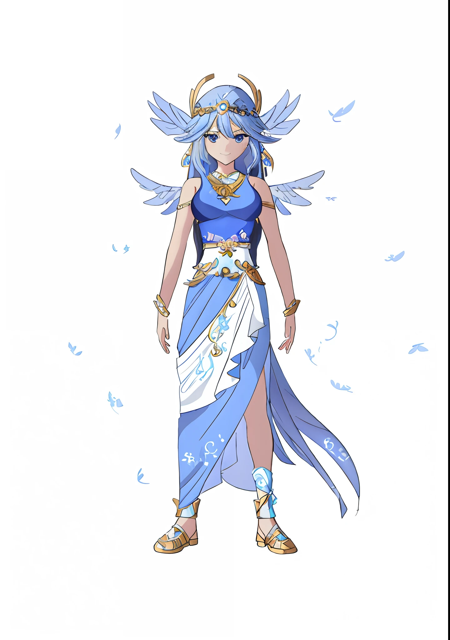 cartoon of a woman dressed in a blue dress with wings, mystical atlantean valkyrie, the greek goddess aphrotite, beautiful young wind spirit, inka harpy girl, valkyrie style character, greek goddess athena, knights of zodiac girl, epic mage girl character, the goddess artemis smirking, as an atlantean, goddess of greek mythology, new costume concept design
