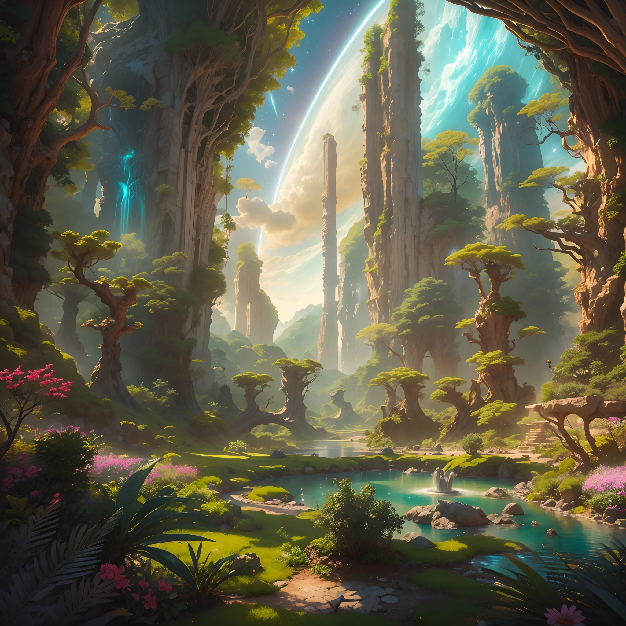 In a whimsical sci-fi world,The picture shows the two-dimensional sci-fi luxury academy scene。The picture shows three different environments:A desert、Rainforest and planetary sky。
The first is the desert environment,You can see the vast yellow desert spreading into the distance,There is silence and mystery。In the middle of the desert,There is a magnificent city school luxury complex towering into the sky,It adopts the architectural shape of science fiction style,It feels complex and futuristic。A jet of water erupts from a fountain on the roof,Reflected in the dazzling sun。
Then there's the rainforest environment,Behind the luxurious buildings of the city school, Lush rainforest stretches through。Towering trees and colorful flowers mingle with each other,and coconut trees swaying in the breeze。In this magical rainforest, You can also see alien corals growing on the trees,It adds fantasy and bizarre to the whole scene。
finally, There is a planetary sky environment,In the vast starry sky,The star ring band surrounds the entire picture。Colorful clouds float in the sky,Form beautiful patterns,White auroras also appear between the stars,Shining with a mesmerizing light。
Render the entire frame using ray tracing,The details are very fine,Each place shows a perfect composition and sci-fi complexity。This CG-rendered realistic painting gives a grand scene and visual impact,Let the viewer feel a wonderful and magnificent sci-fi world。