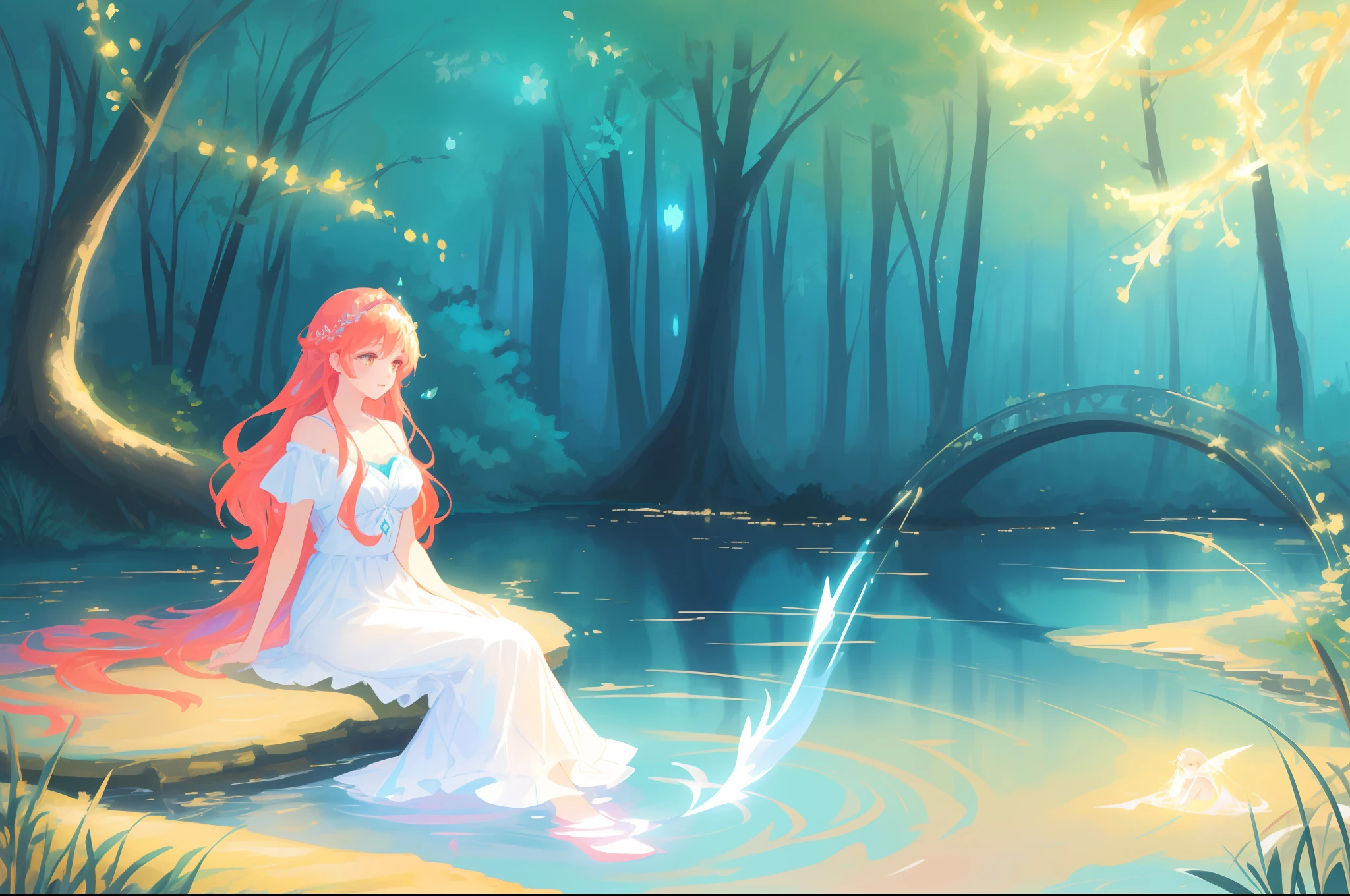 beautiful girl sitting in the water , beautiful girl in simple white dress, vibrant pastel colors, (colorful), magical lights, long red hair , sparkling lights, fairy lights, inspired by Glen Keane, inspired by Lois van Baarle, disney art style, by Lois van Baarle, glowing aura around her, by Glen Keane, jen bartel, glowing lights! digital painting, flowing glowing hair, glowing flowing hair, beautiful digital illustration, whimsical, magical, fantasy, beautiful face, ((masterpiece, best quality)), intricate details, highly detailed, sharp focus, 8k resolution, sparkling detailed eyes, liquid watercolor, forest landscape background