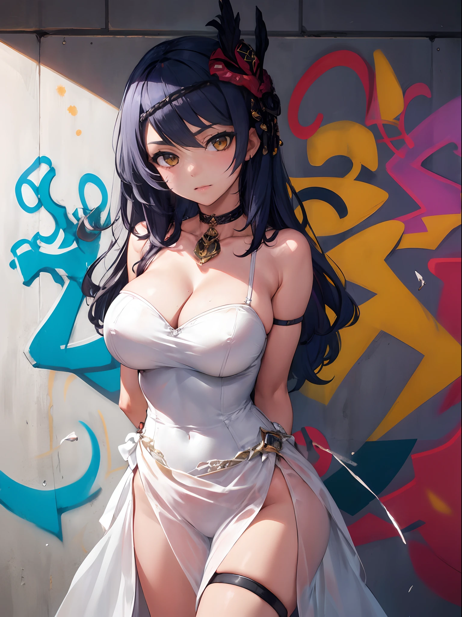 Kujou Sara|genshin impact, master-piece, bestquality, 1girls,25 years old, gigantic breasts, Wedding Dresses, White Wedding Dress, wedding,Long skirt, oversized breasts, ,bara, choker, (Graffiti:1.5), Splash with purple lightning pattern., arm behind back, against wall, Lean forward., View viewers from the front., Thigh strap, Head tilt, bored, water eyes, Show your ,