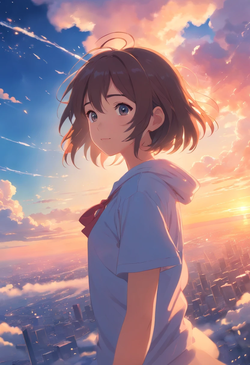 masterpiece, best quality, movie still, 1girl, cloud girl, floating in the sky, close-up, bright, happy, warm soft lighting, sunset, (sparks:0.7)