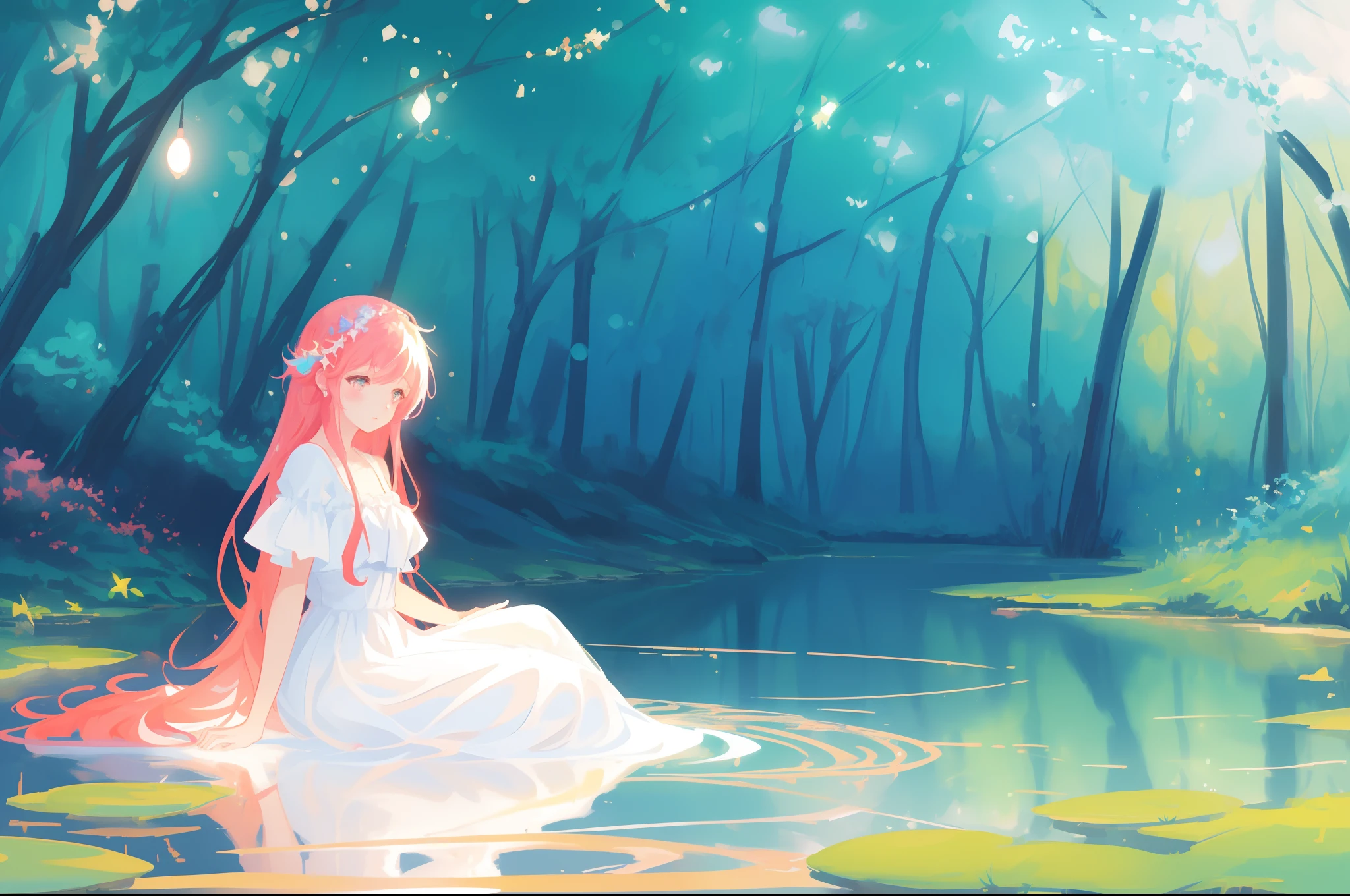 beautiful girl sitting in the water , beautiful girl in simple white dress, vibrant pastel colors, (colorful), magical lights, long red hair , sparkling lights, fairy lights, inspired by Glen Keane, inspired by Lois van Baarle, disney art style, by Lois van Baarle, glowing aura around her, by Glen Keane, jen bartel, glowing lights! digital painting, flowing glowing hair, glowing flowing hair, beautiful digital illustration, whimsical, magical, fantasy, beautiful face, ((masterpiece, best quality)), intricate details, highly detailed, sharp focus, 8k resolution, sparkling detailed eyes, liquid watercolor, forest landscape background