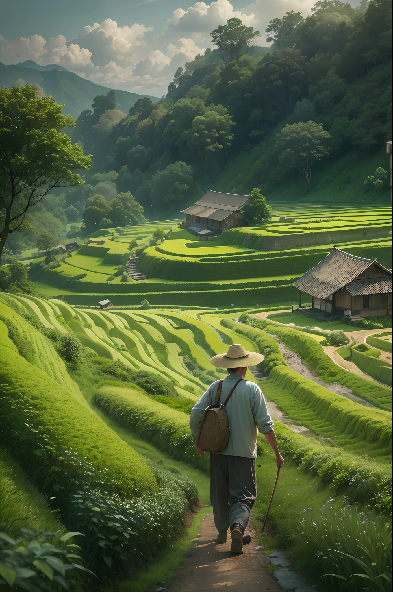 An old farmer carries a flat burden，Walk the winding roads of the countryside，large clouds、blue-sky、Rice fields，There are neat rice seedlings in the field，ln the forest，hillside，Quiet，rustic，high definition detail、hyper-detailing、cinematic ligh、ultra-realistic realism、Soft light、Deep field focus bokeh、Ray tracing and surrealism，terraced，ricefield，small stream，mont，8K Ultra HD,