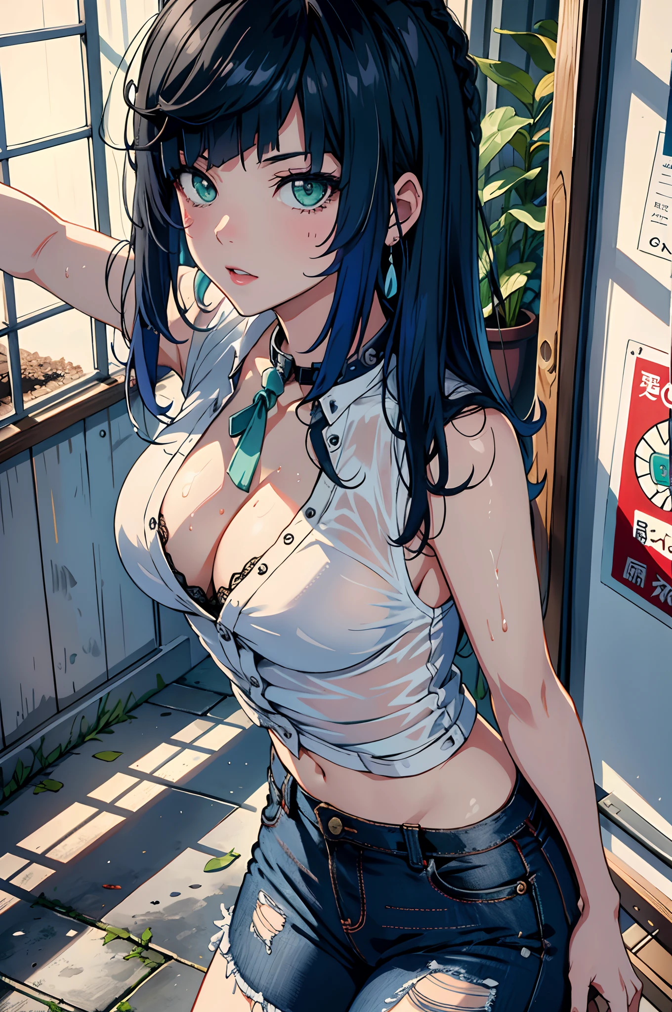 Best picture quality，tmasterpiece，超高分辨率，（Fidelity：1.4），photore，1girll，，white  shirt，worn jeans，White sneakers，Pale green eyeballs，eyeslashes，beautiful pupil，eye shadows，Light blush，Delicate facial features，Reasonable facial features，（torn laundry：1.5），（wetclothes：1.4），Chest patch，exposed bare shoulders，Real rain，Wet hair