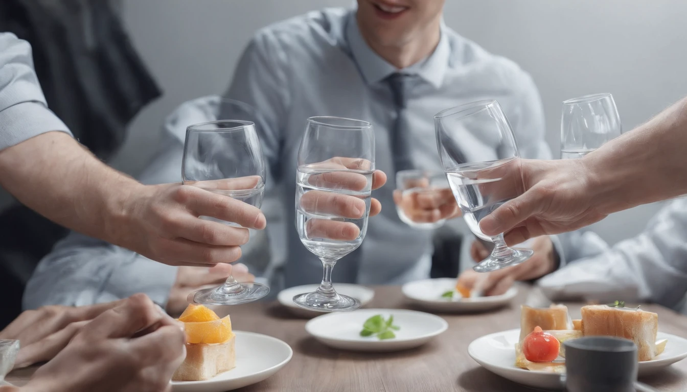 Several men toast with glasses of water at the table, Close-up Shot Shot，Ultra-detailed quality,