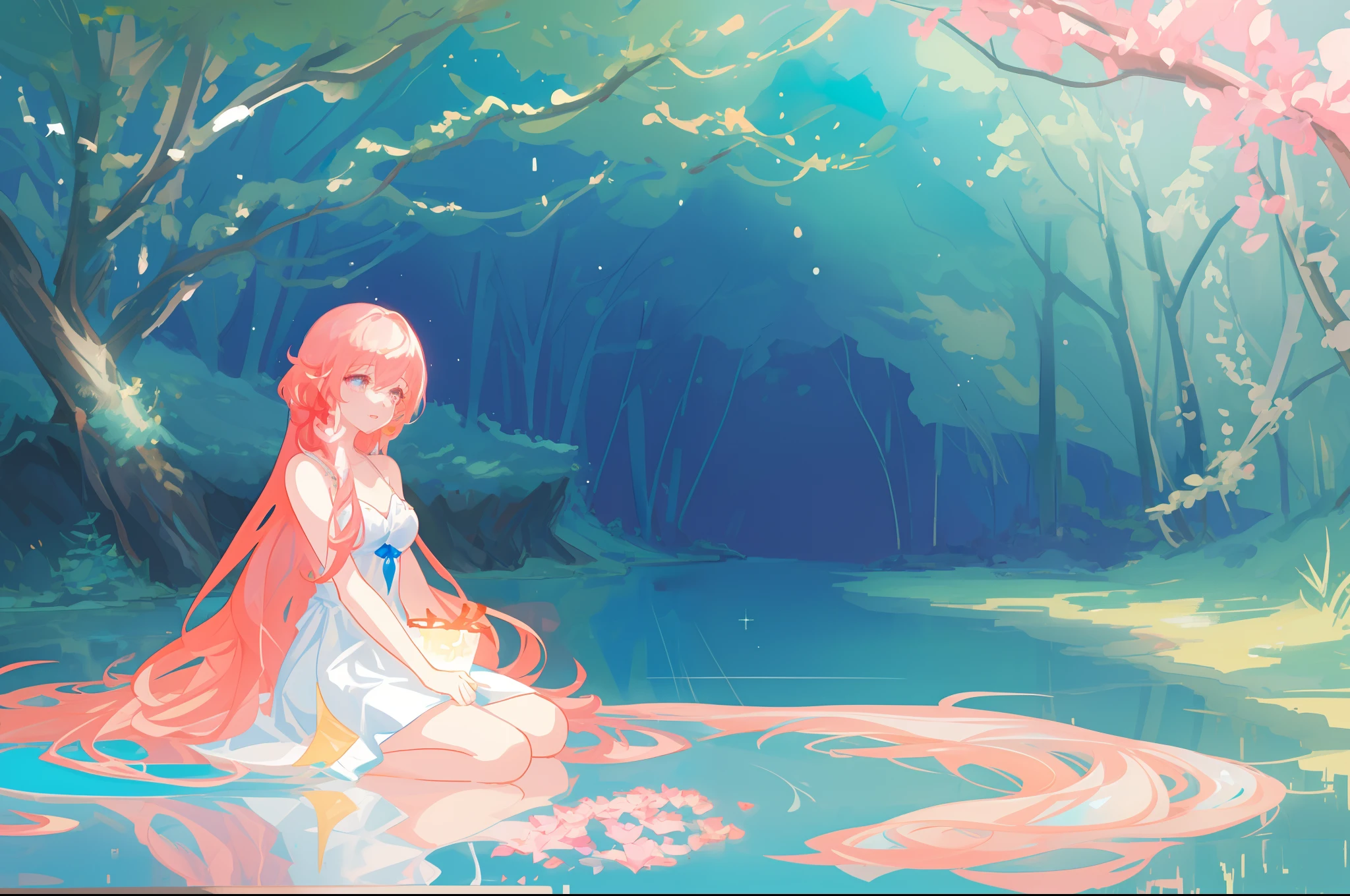 beautiful girl sitting in the water , beautiful girl in simple white dress, vibrant pastel colors, (colorful), magical lights, long red hair , sparkling lights, fairy lights, inspired by Glen Keane, inspired by Lois van Baarle, disney art style, by Lois van Baarle, glowing aura around her, by Glen Keane, jen bartel, glowing lights! digital painting, flowing glowing hair, glowing flowing hair, beautiful digital illustration, whimsical, magical, fantasy, beautiful face, ((masterpiece, best quality)), intricate details, highly detailed, sharp focus, 8k resolution, sparkling detailed eyes, liquid watercolor, forest landscape background