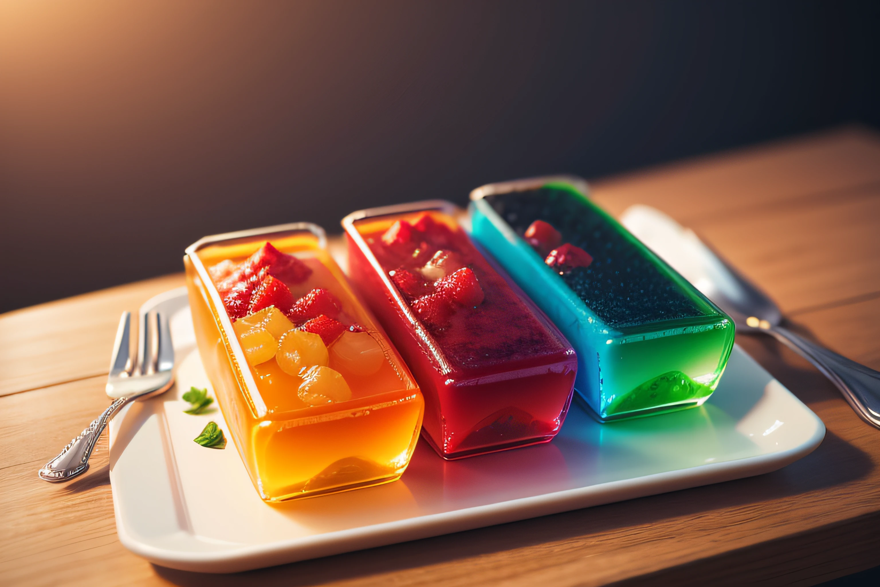 multi-colored gelatin on a tray, blurred background, detailed, realistic, food photo, 8k, high quality.