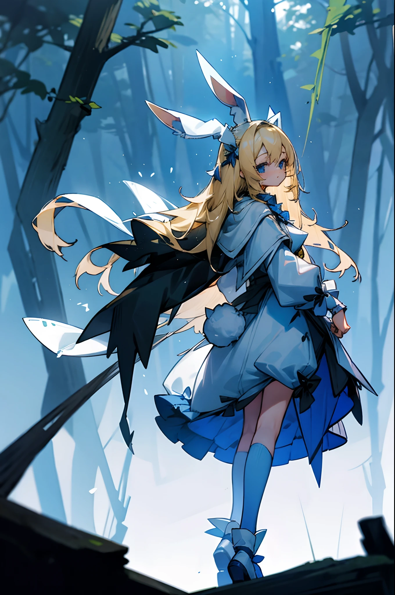 a girl, blond hair, blue eyes, bunny ears, bunny tail, in a dark forest