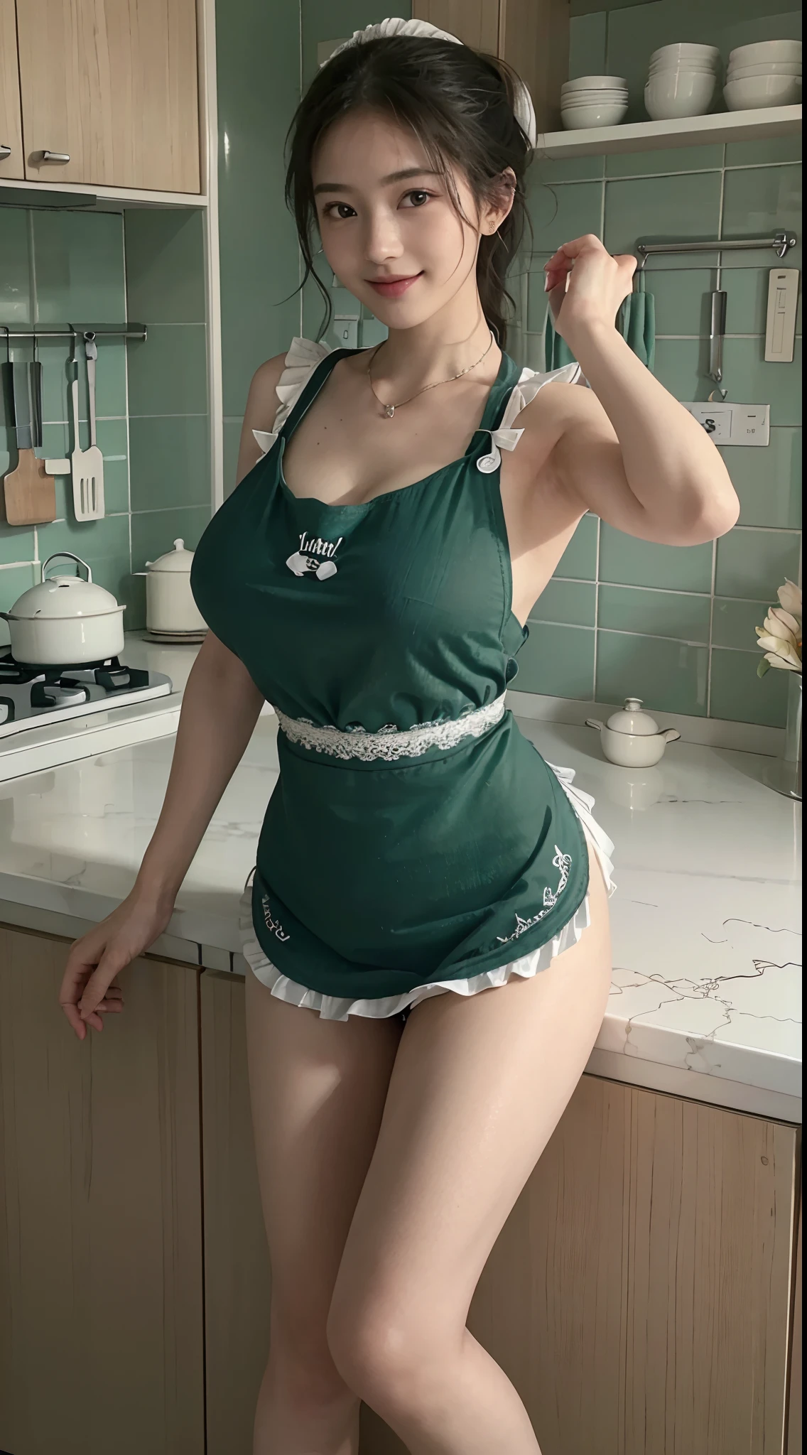 (32K:1.9, Highest quality, masterpiece, Ultra-high resolution, Professional low-angle camerawork:1.5, Very detailedな肌と顔の質感:1.4), Always accurate, Very detailed, ((26-year-old wife, Big breasts on the verge of collapse,:1.5, Cooking in the kitchen:1.6, The morning light illuminates the hut, Naked and wearing only an apron:1.7, Incredibly slim body, areola is not visible)), Fair skin, elegant, sense of cleanliness, Vegetable cutting pose, (Big eyes that exude beautiful eroticism:0.4, A shy smile:1.0, I love you with all my heart:0.8, Open your mouth a little, lipstick, Feel the beautiful eroticism:0.9), (Dark brown medium hair), Earrings, necklace, bracelet, (romantic, mysterious), Object of admiration, original, dramatic, artistic, Innovative, charm, Heartful, Fancy, sense of openness, special, exciting, Extreme, Tilt, sense of loss, sorrow, sorrowの表現, ((若さのcharm, 女性的なcharm))