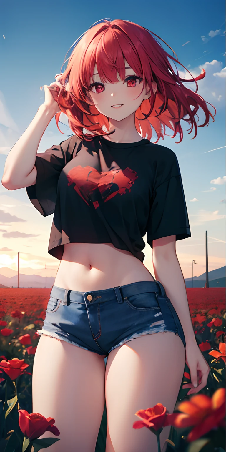 (masterpiece, best quality),1 adult girl with long red hair standing in a field of red plants and red flowers, mouth, lips, teeth, smiling, red eyes, hand under chin, warm lighting, black shirt short, perfect belly, ripped jeans, medium chest, waist, thick legs, thick thighs, blurred foreground, wind, wind blowing the hair, details in the hair