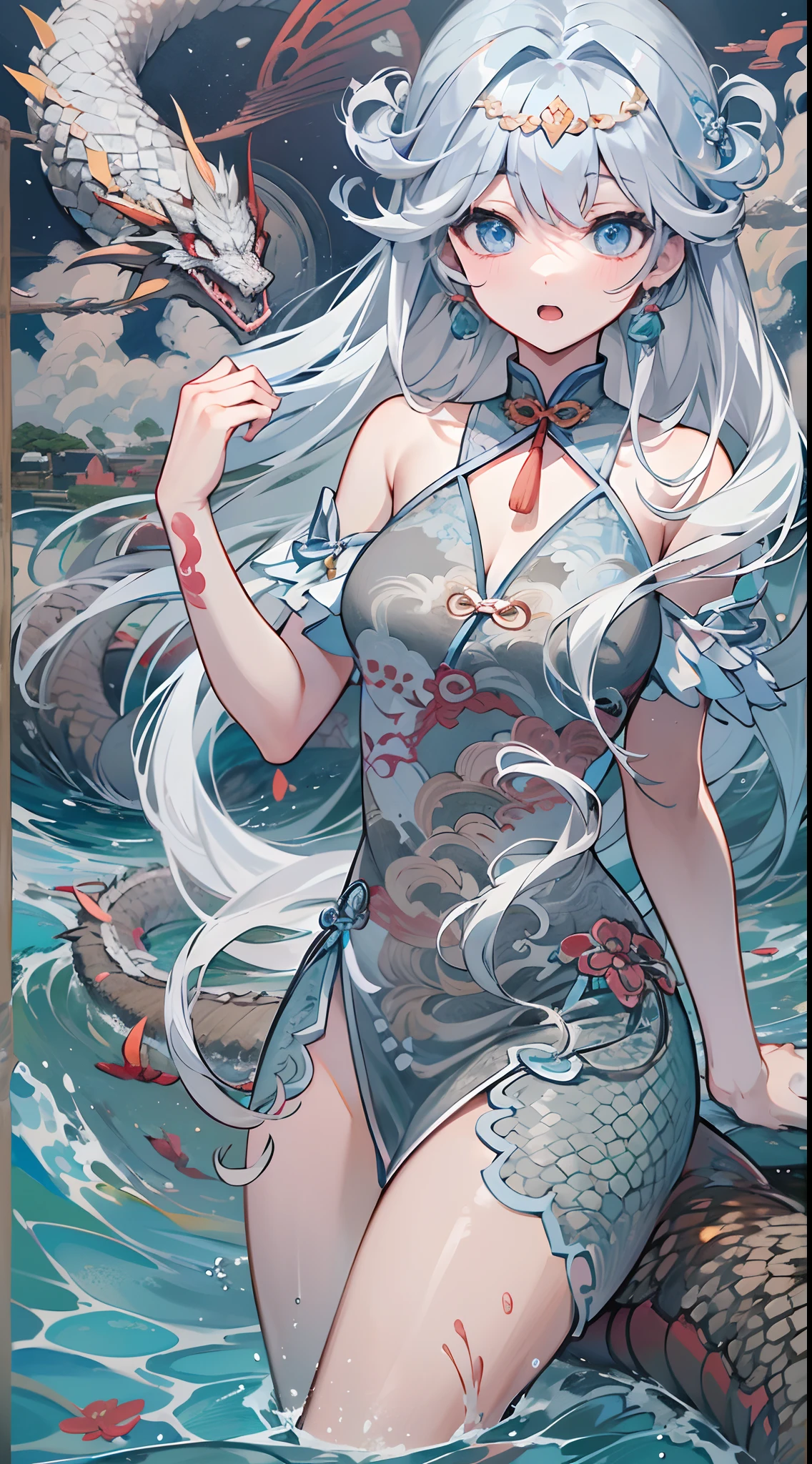 tmasterpiece，Need，超高分辨率，teens girl，Chinese ancient style，(Short silver-gray hair)，blue color eyes,adolable，banya，Dragon tail，The corals，Clouds，wave，Kamimei