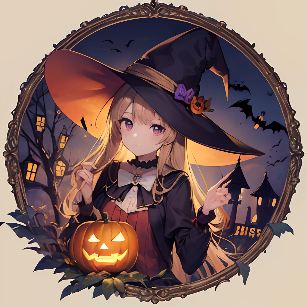 (masterpiece、top-quality、top-quality、Beautifully Aesthetic:1.2)、(1womanl:1.3)、Halloween、picture frame、the witch、Geometric pattern、witch clothing、round frame