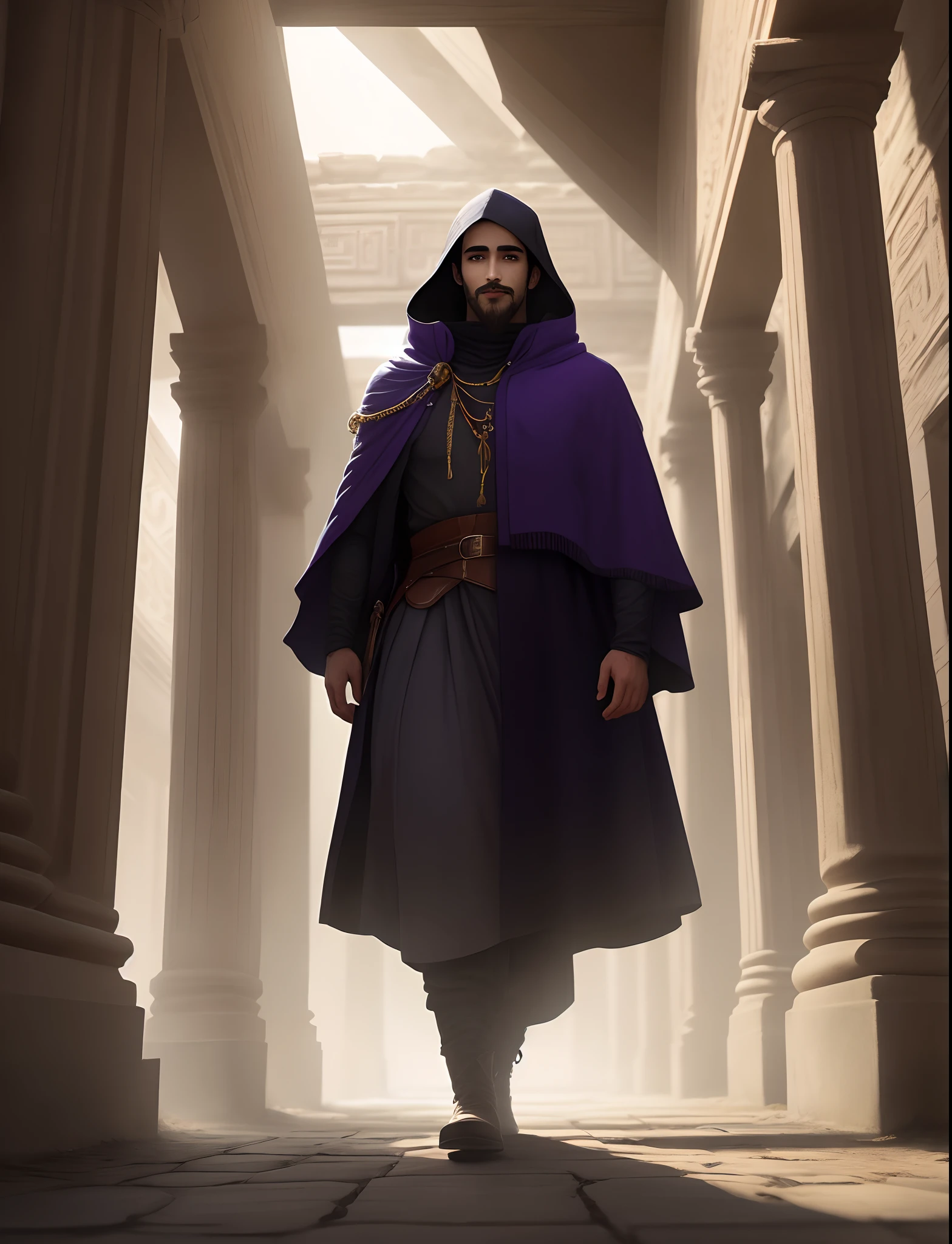 un personaje masculino con una capucha negra, La capucha tiene un aspecto desgastado y antiguo, con pliegues y detalles de textura, sombras sutiles alrededor del rostro, giving the impression that this being has a deep and dark knowledge, Sus ojos son dos abismos negros, as cosmic holes, rodeados por una luminiscencia morada sutil, The character is walking through an ancient temple