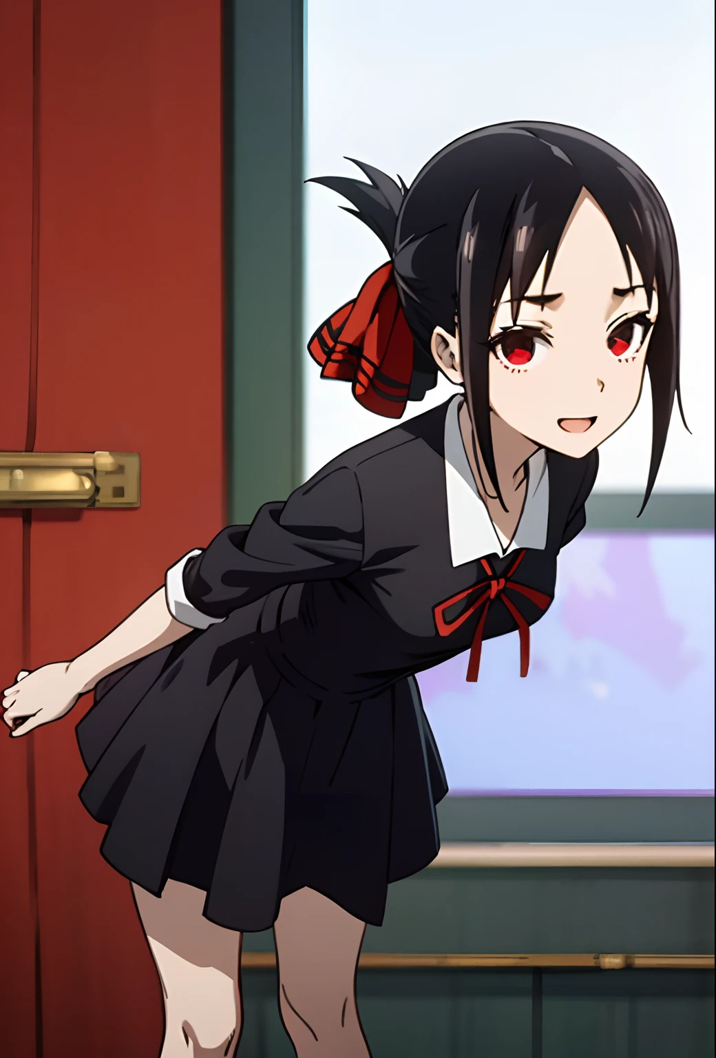 (beste-Qualit, 8K, 12), 1 girl, kaguya, black hair, the perfect body, ultra detail face, detailed lips, Excited, (((very small and pointy boobs))), red eyes, (school uniform), ((((school)))), detiled background, (hair tied with a red ribon), black dress, smile, looking at viewer, full body, standing