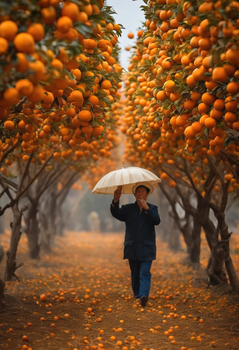Jiangxi Gannan navel orange harvest，The fruit trees are covered with navel oranges，Uncle farmer happily picks navel oranges，Picture of autumn air