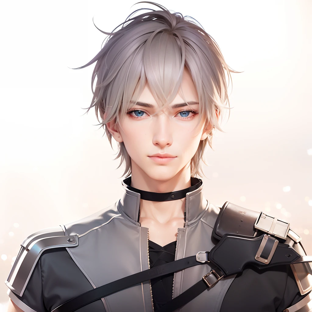 masculine male, masterpiece, ((perfect eyes)) best quality, (semirealism:1.9), beautiful lighting, (extremely detailed CG unity 4k fhd wallpaper), High Detail, Sharp focus, dramatic outdoors, 1 boy ,19 years old, white hair, light purpel eyes, smile.