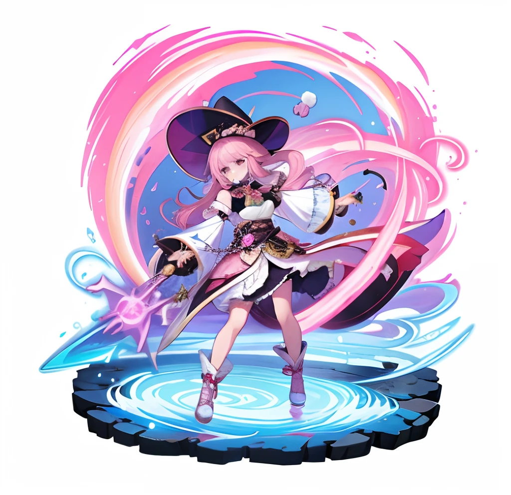 Female with light pink hair and a witch hat, ayaka genshin impact, from the Genshin Impact videogame, from Genshin Impact, keqing from genshin impact, characters from Genshin Impact, best anime 4k konachan wallpaper, Genshin Impact style, official character art, beautiful celestial mage, Genshin Impact, Genshin Impact official art, brown eyes, fair skin, pink theme, full body, Witch, Victorian style clothing, magic, witch hat, black and pink witch hat