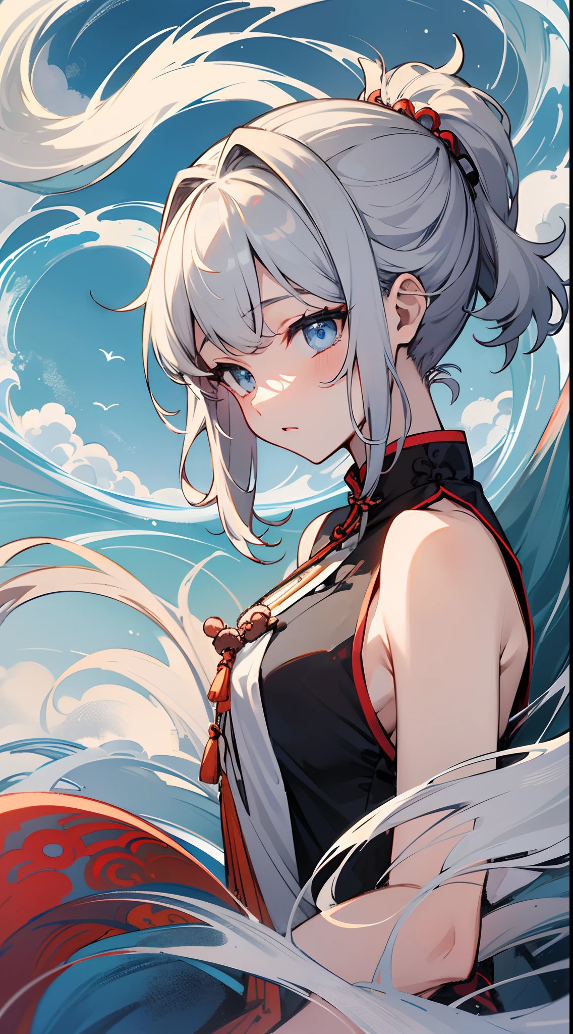 tmasterpiece，Need，超高分辨率，teens girl，Chinese ancient style，(Long silver-gray hair)，blue color eyes，banya，Dragon tail，The corals，Clouds，wave，Kamimei