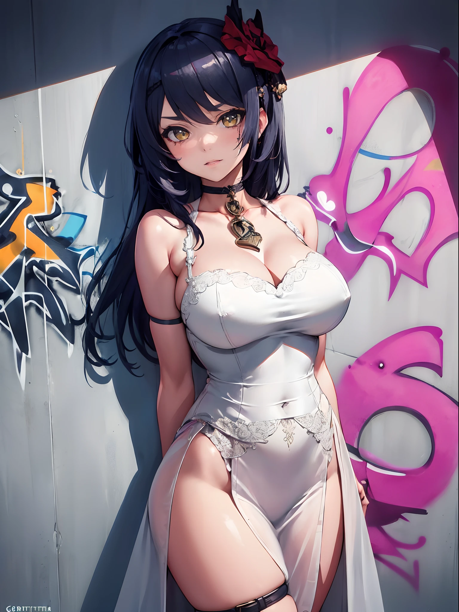 Kujou Sara|genshin impact, master-piece, bestquality, 1girls,25 years old, gigantic breasts, Wedding Dresses, White Wedding Dress, wedding,Long skirt, oversized breasts, ,bara, choker, (Graffiti:1.5), Splash with purple lightning pattern., arm behind back, against wall, Lean forward., View viewers from the front., Thigh strap, Head tilt, bored, water eyes, Show your ,