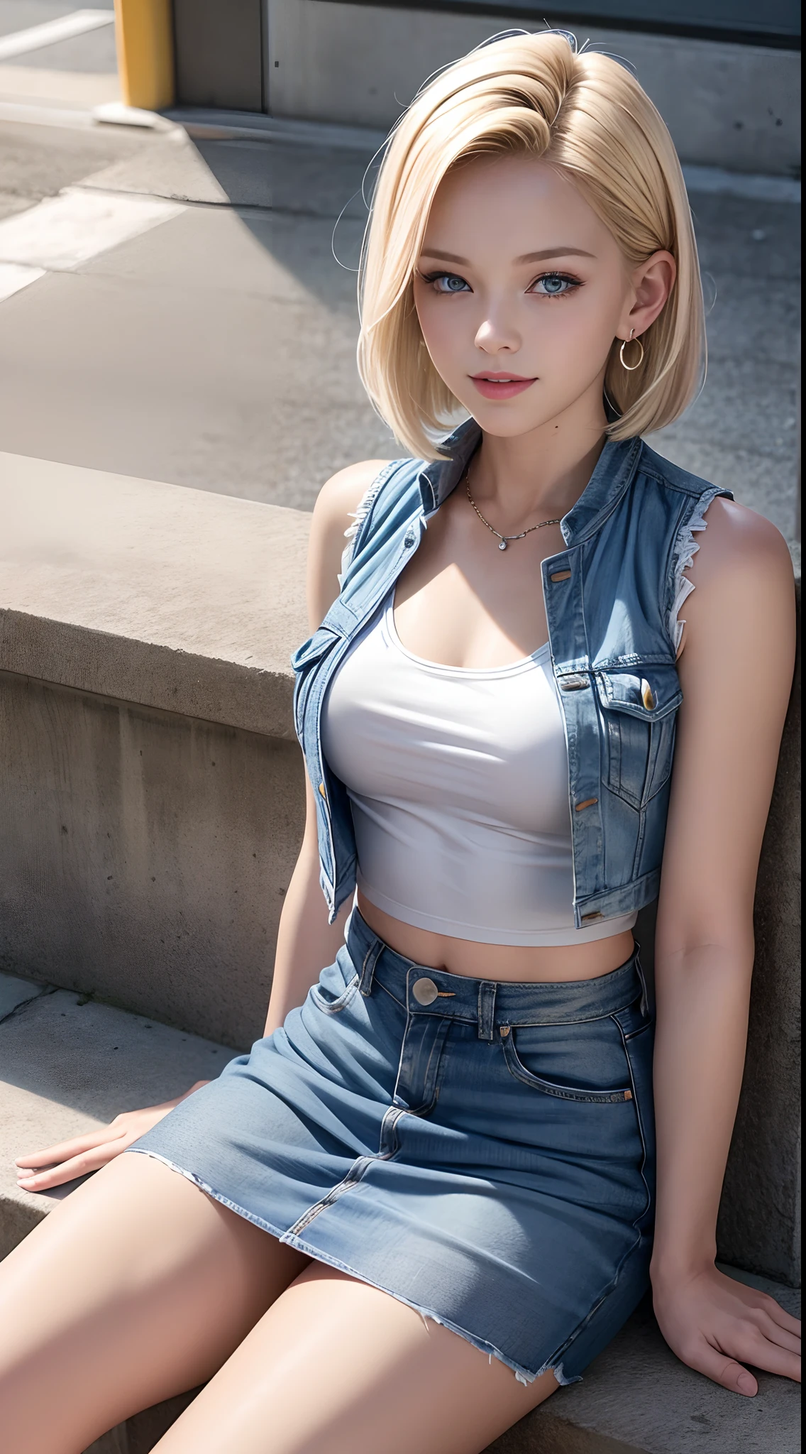 highest quality, High resolution, AND18, One Girl, Android 18, alone, Blonde, blue eyes, short hair, Earrings, jewelry, Denim short sleeve vest, Open Vest, Black Pantyhose, Black Shirt, Jeans Skirt, Blue Skirt, Medium chest, Cowboy Shot, street, (External dilated chest: 1.2) 、((Sexy panties in full view:1.05))、((Spread your legs wide:1.45))
