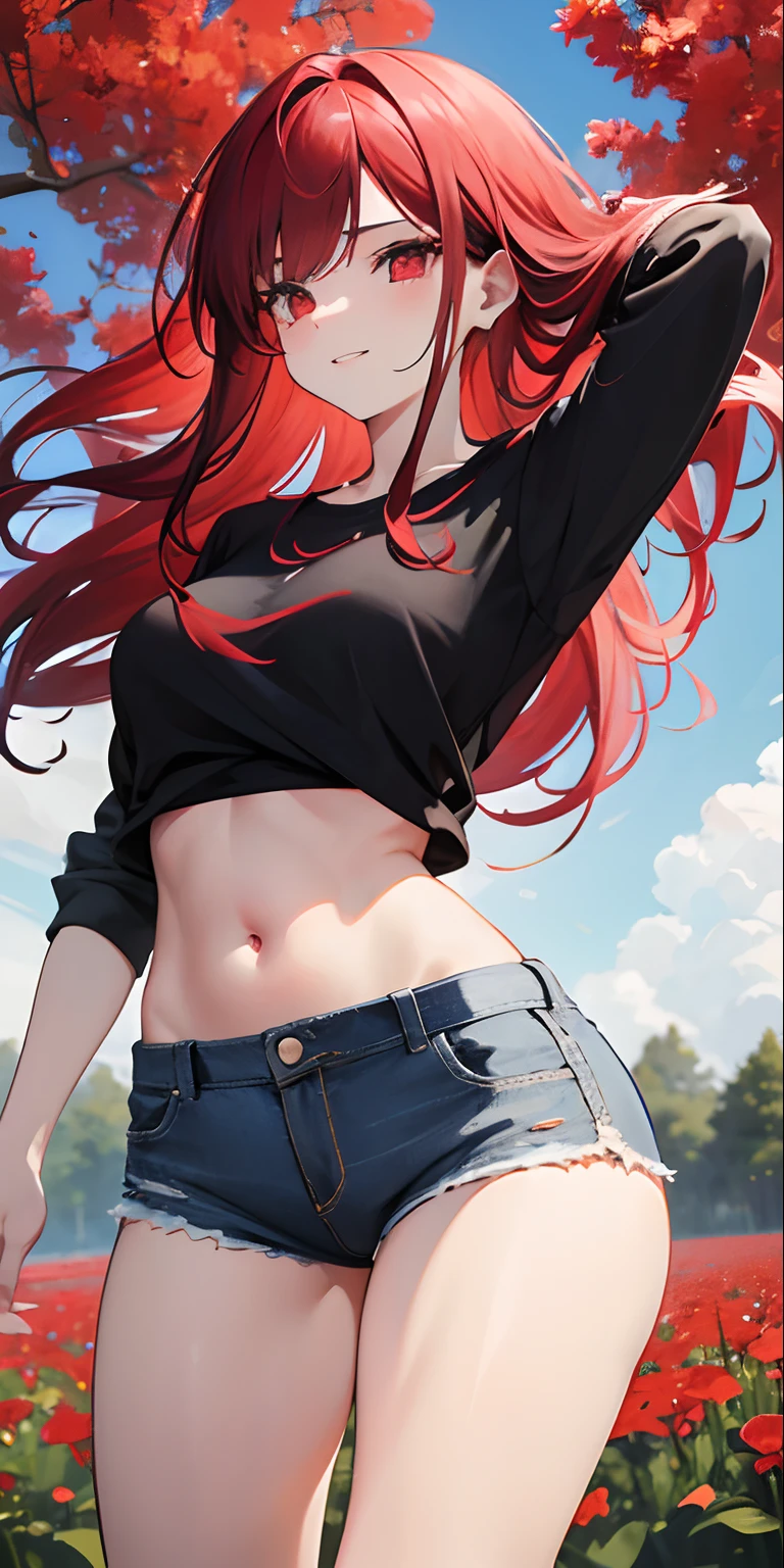 (masterpiece, best quality),1 adult girl with long red hair standing in a field of red plants and red flowers, mouth, lips, teeth, smiling, red eyes, hand under chin, warm lighting, black shirt short, perfect belly, ripped jeans, medium chest, waist, thick legs, thick thighs, blurred foreground, wind, wind blowing the hair, details in the hair