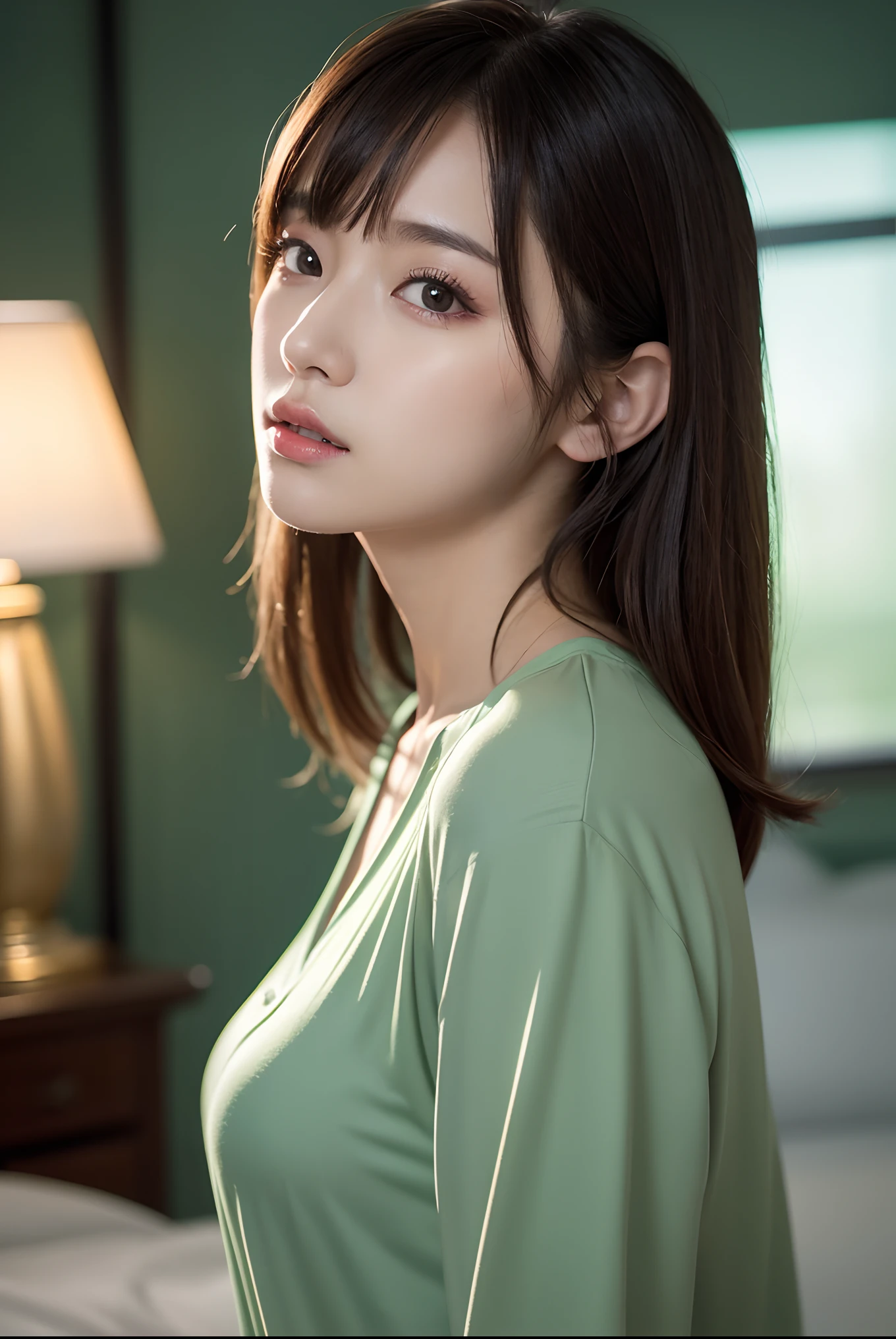a gorgeous, (Medium Hair), (8K, Raw photo, Best Quality, masutepiece:1.2), (Realistic, Photorealsitic:1.37),1girl in, Professional Lighting, Photon mapping, Radio City, Raw photo、(Photorealsitic:1.4)、Octane number renderin、Complex 3D rendering ultra detail, Studio Soft Light, vibrant detail, super detailing, realistic skin textures, Detail Face, Beautiful detail eyes, Very detailed CG Unity 16k wallpaper, make - up, (detailedbackground:1.2),Colossal tits、Best Quality, 超A high resolution, masutepiece, 1girl in, 20yr old,((naked pajama:1.2、green pajamas、pantiy))、(Open your clothes:1.2)、(living room)、乃木坂アイドル、韓国アイドル、Japan idle、sideshot