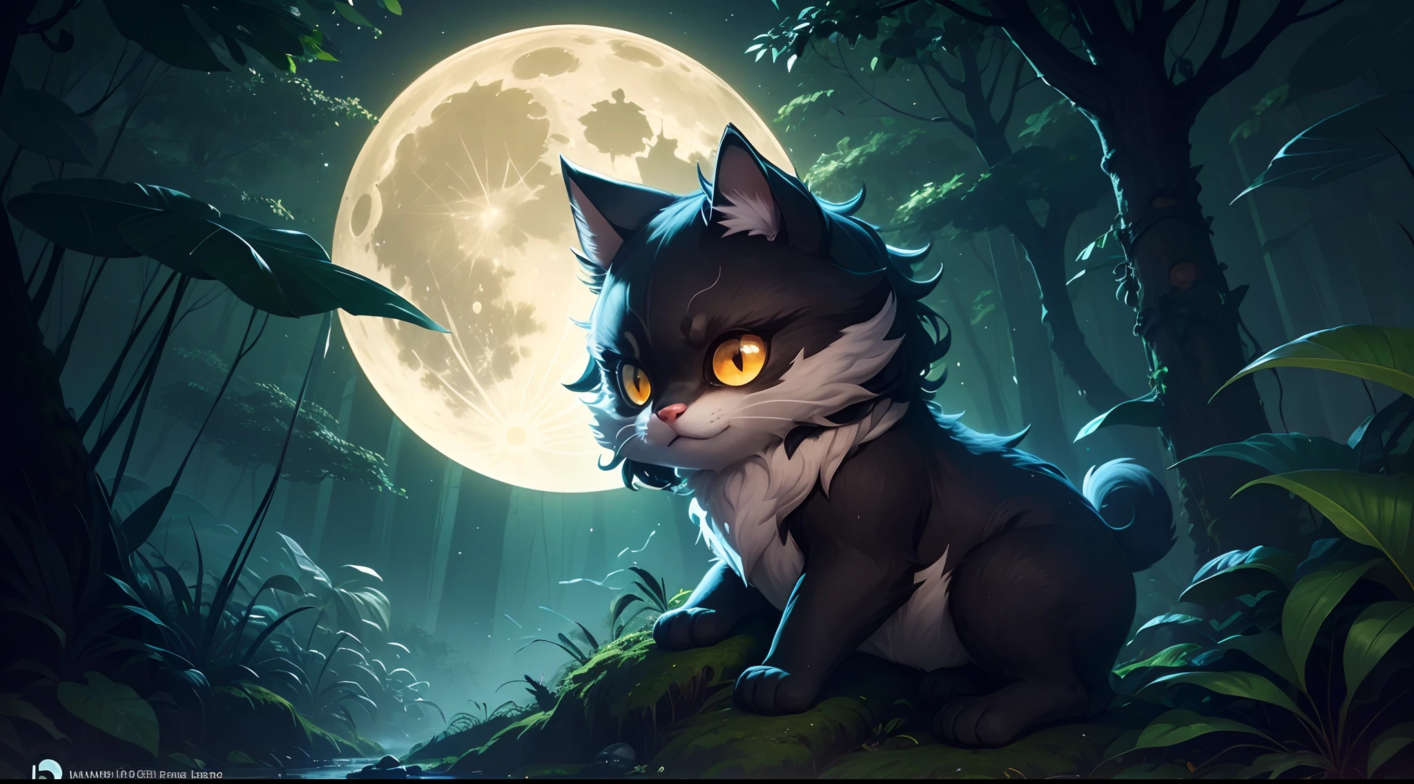 A cute Jungle sticker, golden eyes,cute animals,a full moon,a deep forest,and a mysterious image. It's night but it's bright