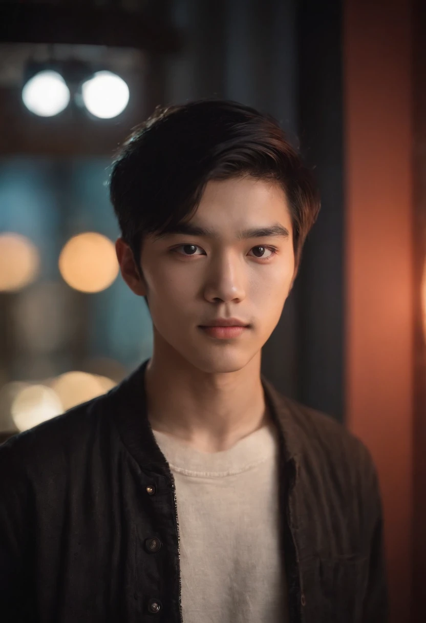 The image features a -yeld yo man with striking black hair and captivating black eyes that give him an unmistakable Asian appearance. He stands in a well-lit room with LED lights casting a colorful and vibrant glow around him, creating an atmospheric and youthful vibe