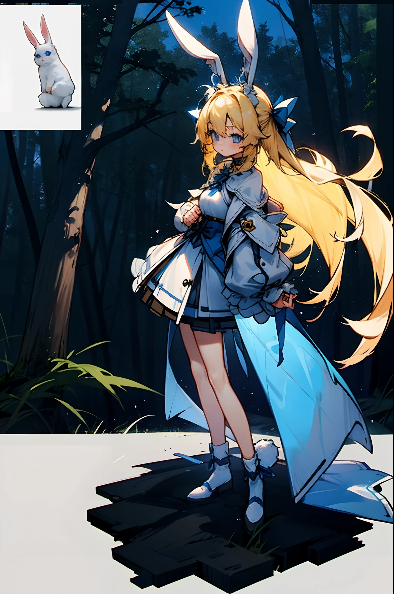 a girl, blond hair, blue eyes, bunny ears, bunny tail, in a dark forest, night time