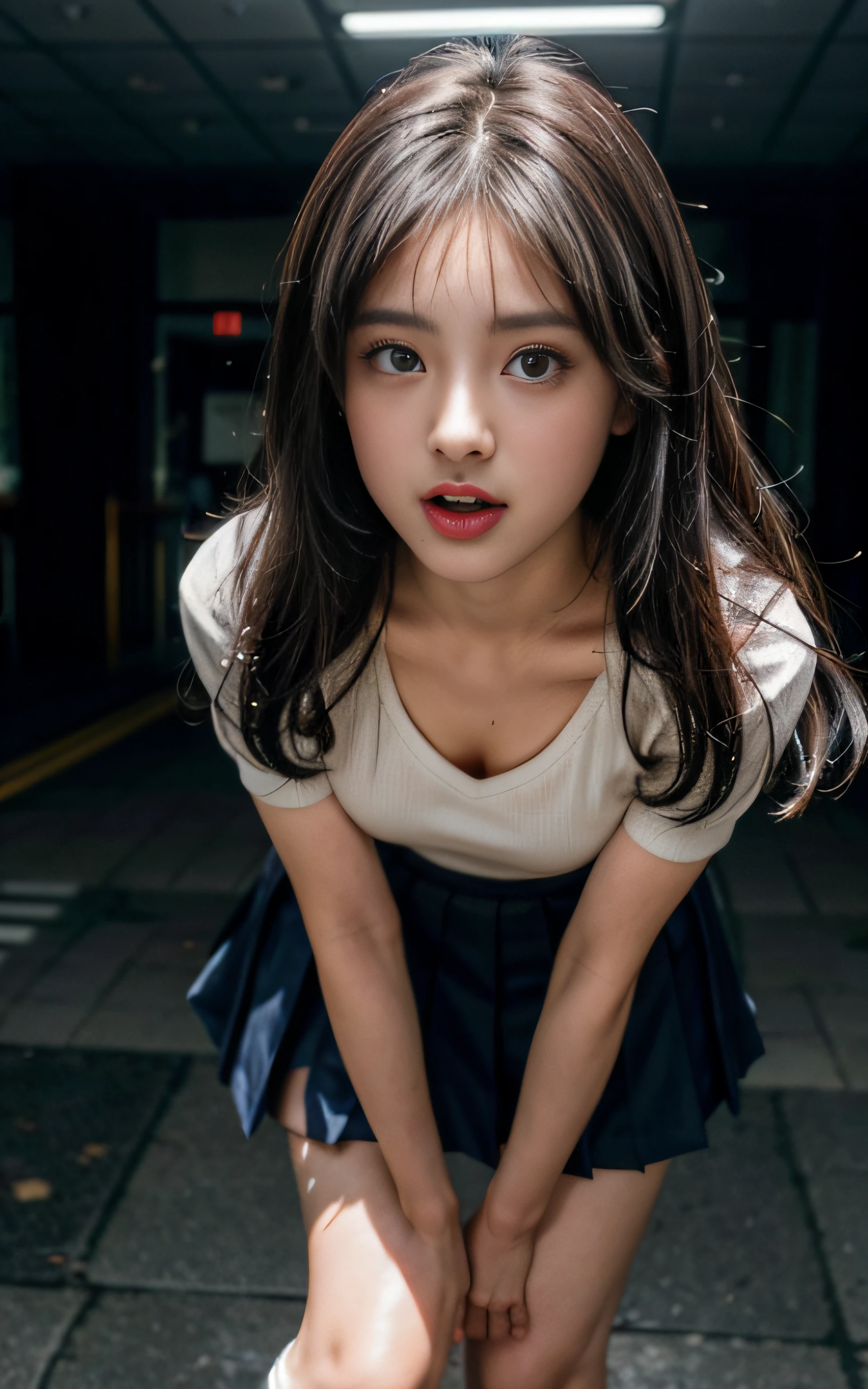 (masterpiece, highest quality:1.4), Award-winning portraits, 8k, 85mm, Beautiful Face, Delicate girl, (An empty, inorganic dungeon), Sophisticated, cute, 15 years old, RAW Photos, Confused, High resolution, Sharp focus, Background blur、(((flat 、thin and delicate body、Childish atmosphere)))、shiny semi-long hair、Small mole on the left cheek、 Dark brown eyes、Hair swaying in the wind、Flexible legs、naked、Gazing at the audience、Anxious expression、Thin chest、Small Tits、A cute, baby-faced Japanese girl、Knee Shot、Navy blue flared skirt