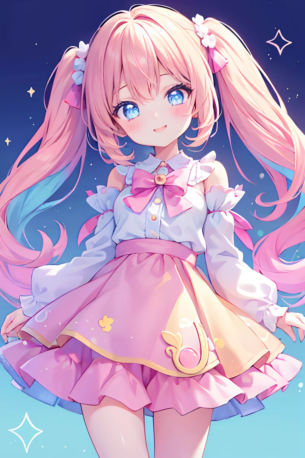 (1girl), idol, closeup, big eyes, kawaiitech, kawaii, cute, pastel colors, best quality, happy, light smile, (deep background)
