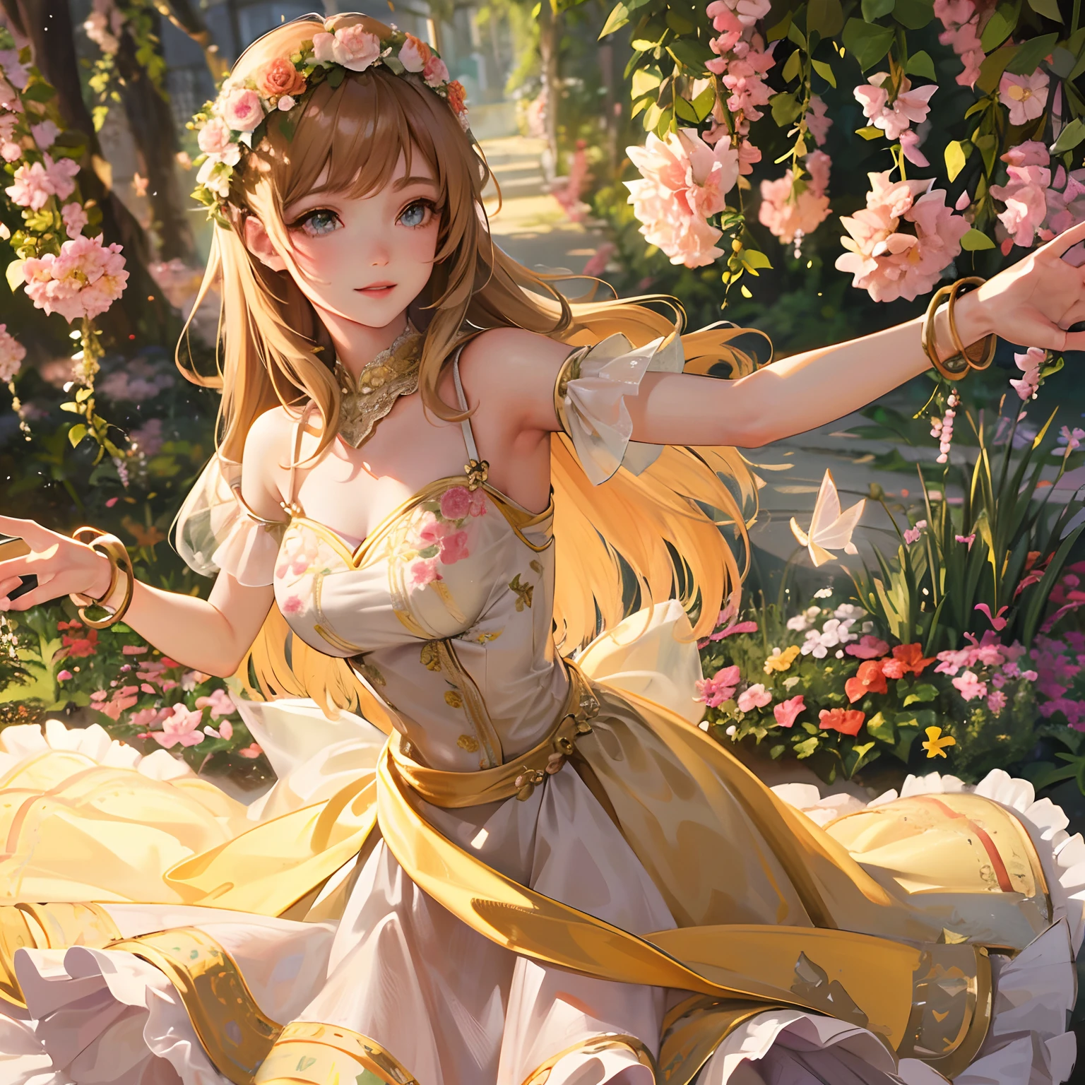 [Detailed illustrations, art based on extremely ideal anatomy, very detailed and detailed drawings, slow and delicate lines, realistic texture expression],(((Color tressed lines)),(Artwork with outstanding craftsmanship),(Garden background),HENTAI KAWAII [ANIME Girl Chinese ((short stature) slim body) 12 years old] (hair),((peach blossom) 簪) (yellow dogi ( Dragon pattern: 0.3)) ((Lace ruffled ribbon)),((Tattoo:0.5)),(Colorful)) (Kung Fu (Dynamicpose:0.4)),(High contrast:0.8),((Fine and beautiful skin expression (transparency)))),(Perfect and beautiful face,Realistic face details),(Perfect eye (Realistic eye details (Beautiful iris drawn in detail) ( Sharp pupils))),(Perfectly proportioned proportions)),(Design built to a high level,((Advanced structural understanding)),Ideal color coordination),(Complex decoration (Ultra-dense detail))),(Detail,High definition),[Ultra-precision detail,HighQuality,High resolution,(Multilayer texture))],(( Accurate simulation of the interaction between light and material, understanding of air flow, mechanically correct expression))), ((visual art with a sense of narrative)).
