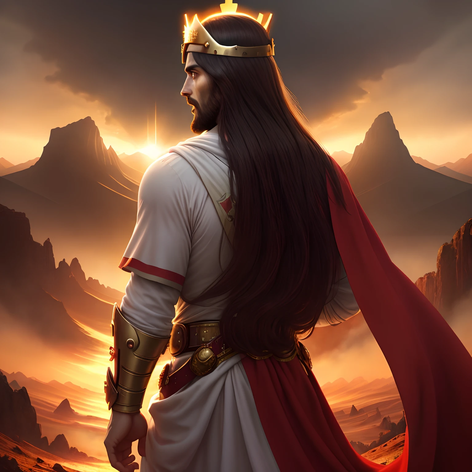 Jesus Cristo, Ultra realista, poderoso, Epic Apocalypse Scene, Jesus with his back looking back, Jesus usando roupas brancas e capa vermelha longa, wearing a golden crown on his head.