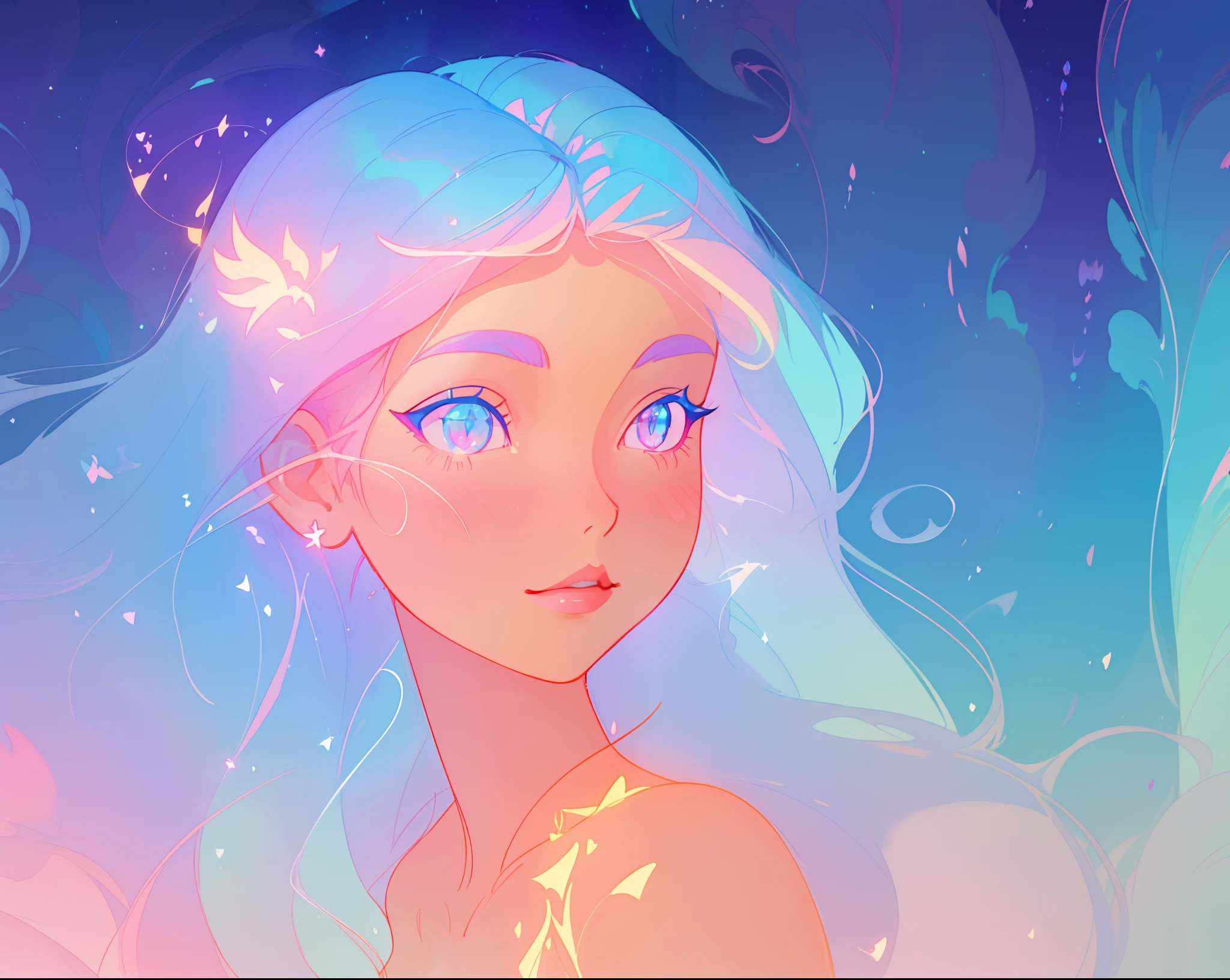 beautiful anime girl, portrait, vibrant pastel colors, (colorful), magical lights, long flowing colorful hair, inspired by Glen Keane, inspired by Lois van Baarle, disney art style, by Lois van Baarle, glowing aura around her, by Glen Keane, jen bartel, glowing lights! digital painting, flowing glowing hair, glowing flowing hair, beautiful digital illustration, fantasia background, whimsical, magical, fantasy, beautiful face, ((masterpiece, best quality)), intricate details, highly detailed, sharp focus, 8k resolution, sparkling detailed eyes, liquid watercolor