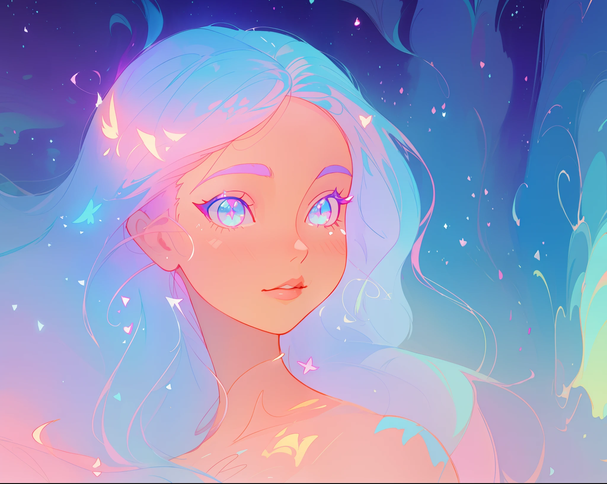 beautiful anime girl, portrait, vibrant pastel colors, (colorful), magical lights, long flowing colorful hair, inspired by Glen Keane, inspired by Lois van Baarle, disney art style, by Lois van Baarle, glowing aura around her, by Glen Keane, jen bartel, glowing lights! digital painting, flowing glowing hair, glowing flowing hair, beautiful digital illustration, fantasia background, whimsical, magical, fantasy, beautiful face, ((masterpiece, best quality)), intricate details, highly detailed, sharp focus, 8k resolution, sparkling detailed eyes, liquid watercolor
