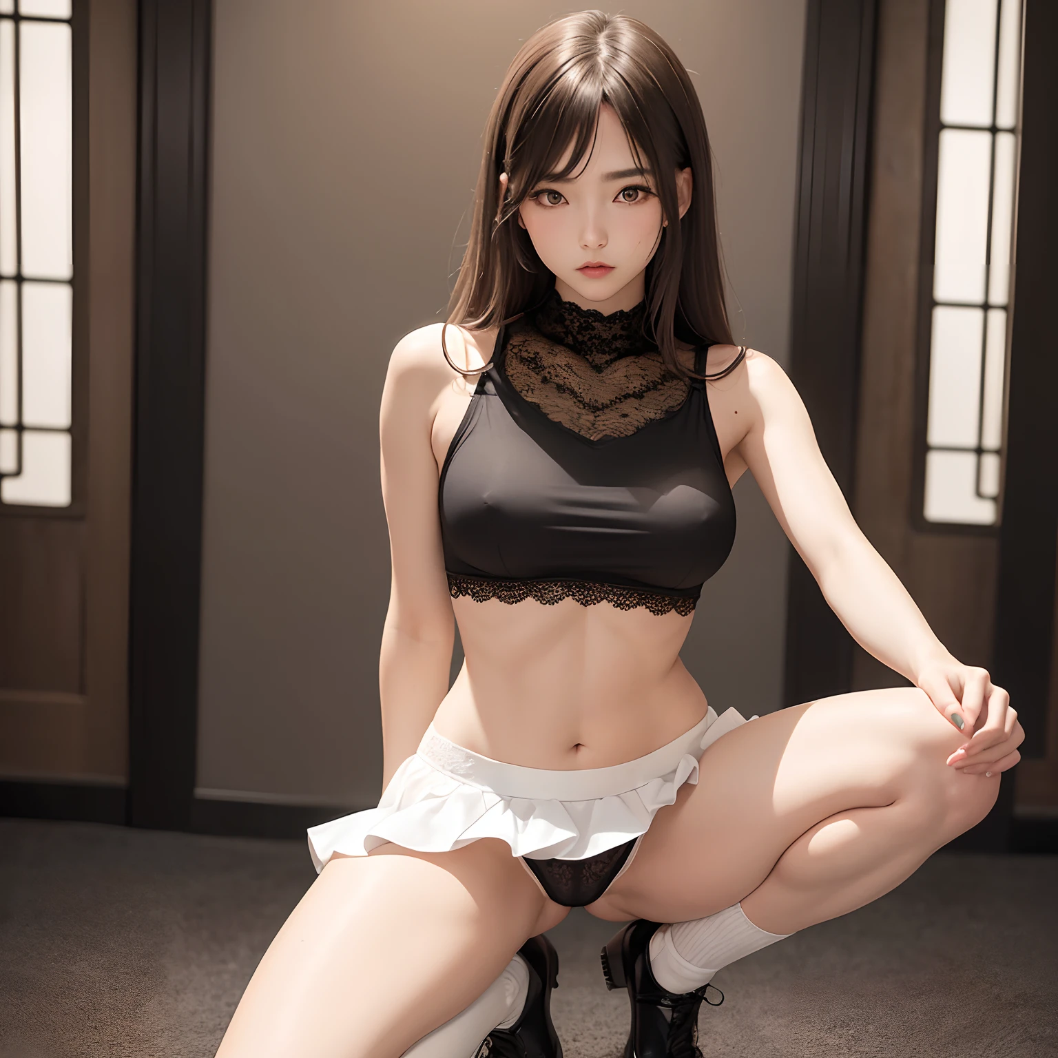 solo, finest image, squat with legs apart, lace sexy thong panties, sleeveless white tight knit, miniskirt, beautiful woman, cute, sexy, light brown iridescent messy hair, medium breasts, slender, perfect proportion, long thin legs, black knee high socks, thighs, background in town, professional lighting