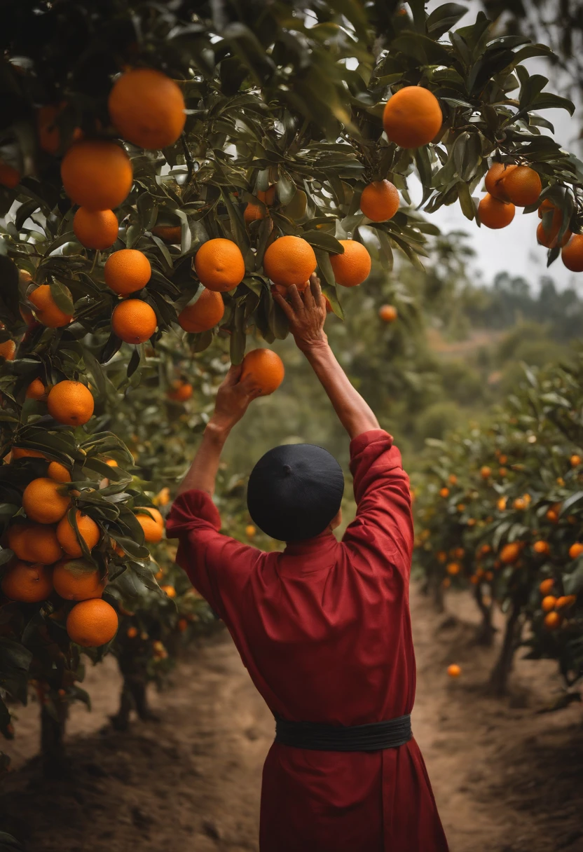 Jiangxi Gannan navel orange harvest,Navel oranges hang from fruit trees,Uncle farmer happily picks navel oranges,Warm pictures