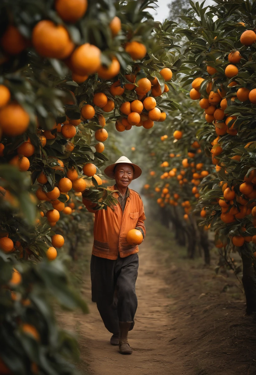 Jiangxi Gannan navel orange harvest,Navel oranges hang from fruit trees,Uncle farmer happily picks navel oranges,Warm pictures