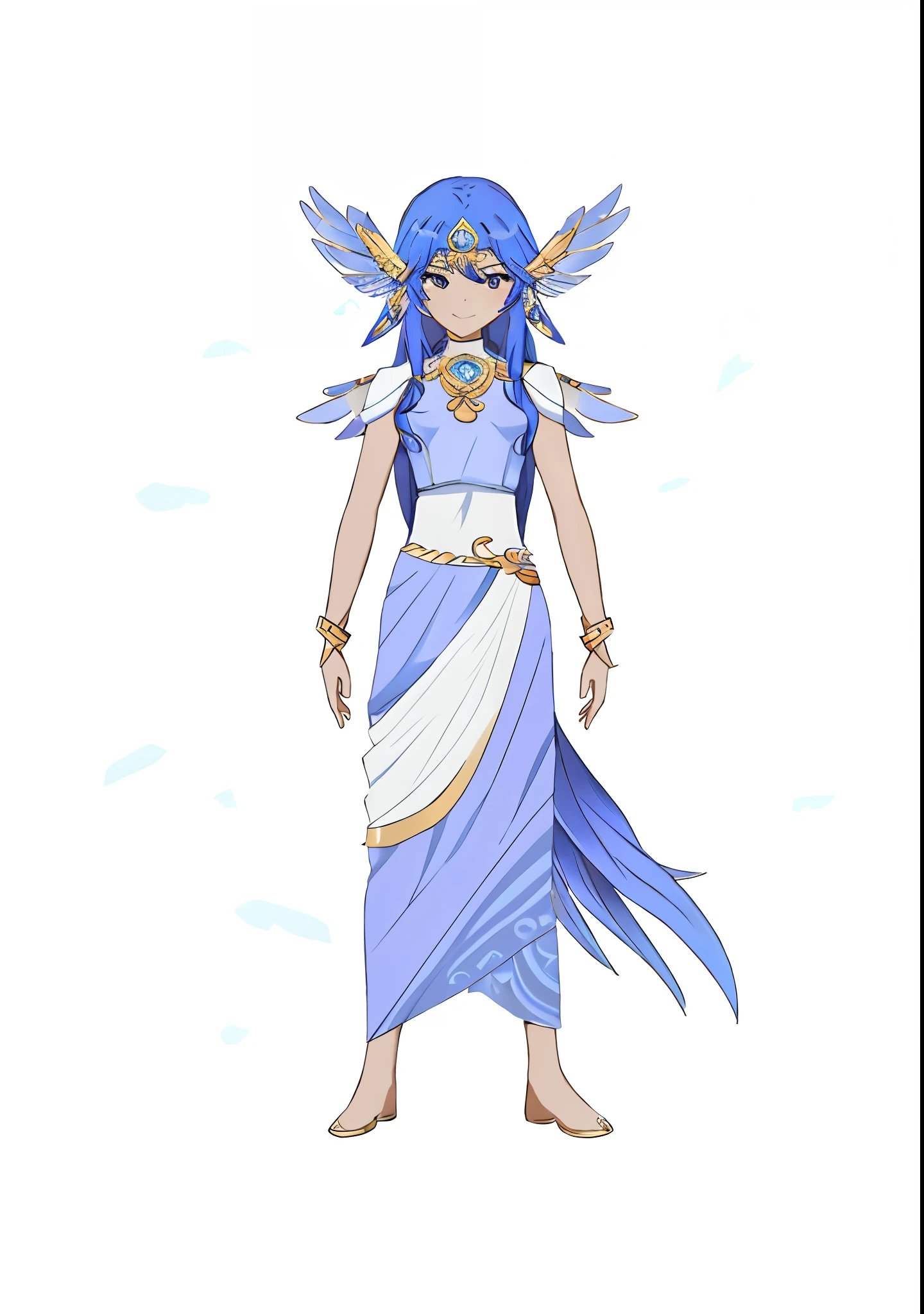 cartoon of a woman dressed in a blue dress with wings, mystical atlantean valkyrie, the greek goddess aphrotite, beautiful young wind spirit, inka harpy girl, valkyrie style character, greek goddess athena, knights of zodiac girl, epic mage girl character, the goddess artemis smirking, as an atlantean, goddess of greek mythology, new costume concept design