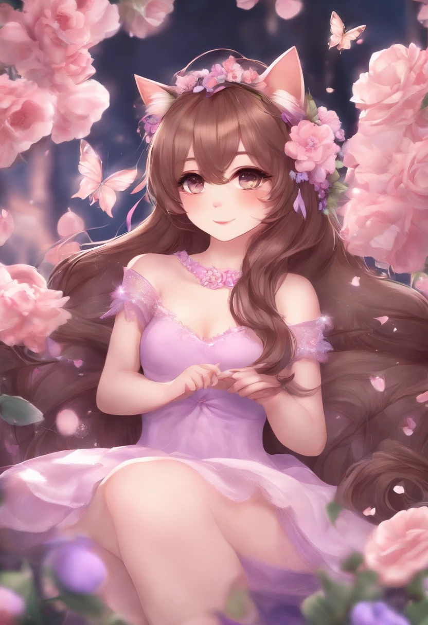 1girl, naked, animal ears, purple eyes, brown hair, wings, solo, long hair, blush, cat ears, flowers, looking at viewer, braids, bows, dresses, pink flowers, bows, hair accessories, bangs, cats, hair flower, animal ear hair, holding, virtual youtuber, blue, catwoman, stuffed toy