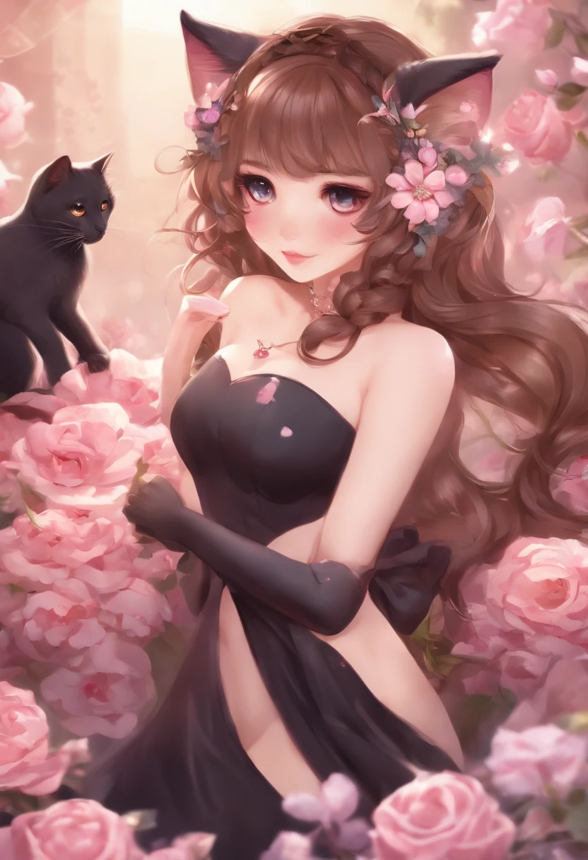 1girl, naked, animal ears, purple eyes, brown hair, wings, solo, long hair, blush, cat ears, flowers, looking at viewer, braids, bows, dresses, pink flowers, bows, hair accessories, bangs, cats, hair flower, animal ear hair, holding, virtual youtuber, blue, catwoman, stuffed toy