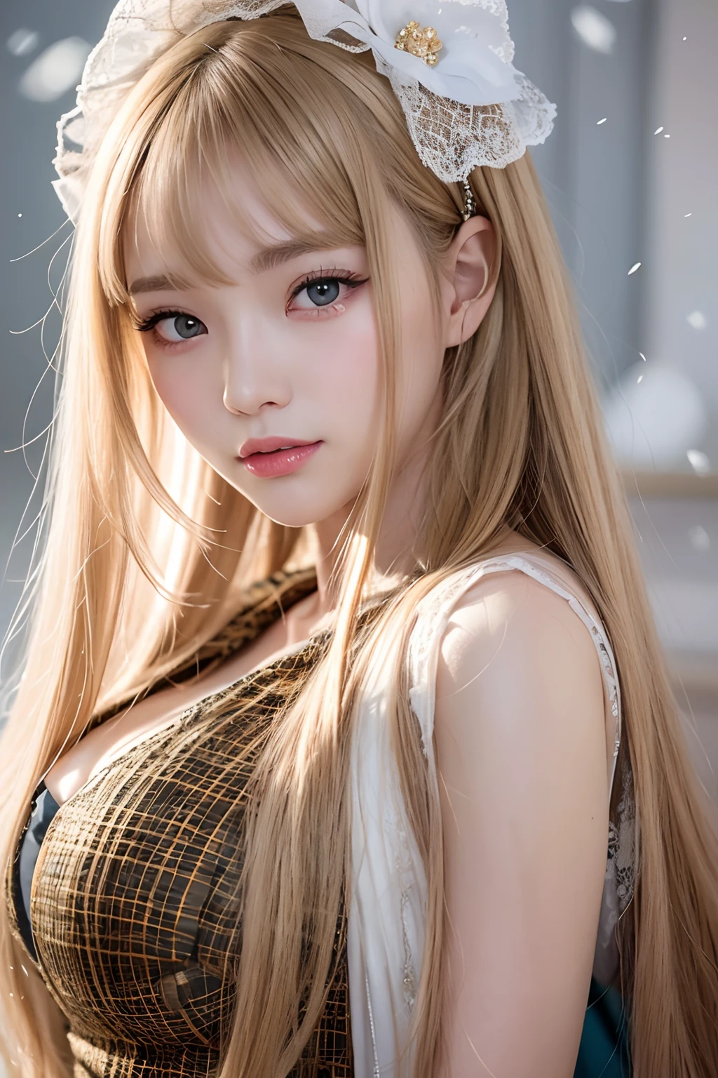 Super long blonde straight silk hair dazzling in gold、long hair between the eyes、The most beautiful girl in the world at 15 years old、Shining, Beautiful pale light blue eyes、Big double eyelid eyes、with round face、eye liner、Snow-white skin、shiny skin with shiny cheeks、Large breasts、a little bit smile、full bodyesbian、Engaging pose