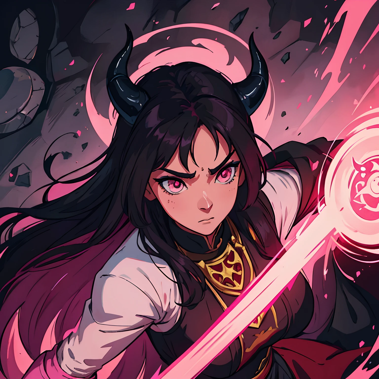 A Beautiful Pink Skin Woman as a Devil Demon of Pink Skin, With long black hair that goes all the way to the floor, um personagem para RPG medieval, ela deve estar usando vestes medievais cobrindo seu corpo, ela deve usar um traje medieval, Her skin is pink pink like an avatar, Horns pointed like a demon, Pele rosa, cor rosa da pele, pele rosa claro, cabelos pretos, The hair strands are black in color, anime style art style league of legends arcane style dramatic art character illustration medieval art