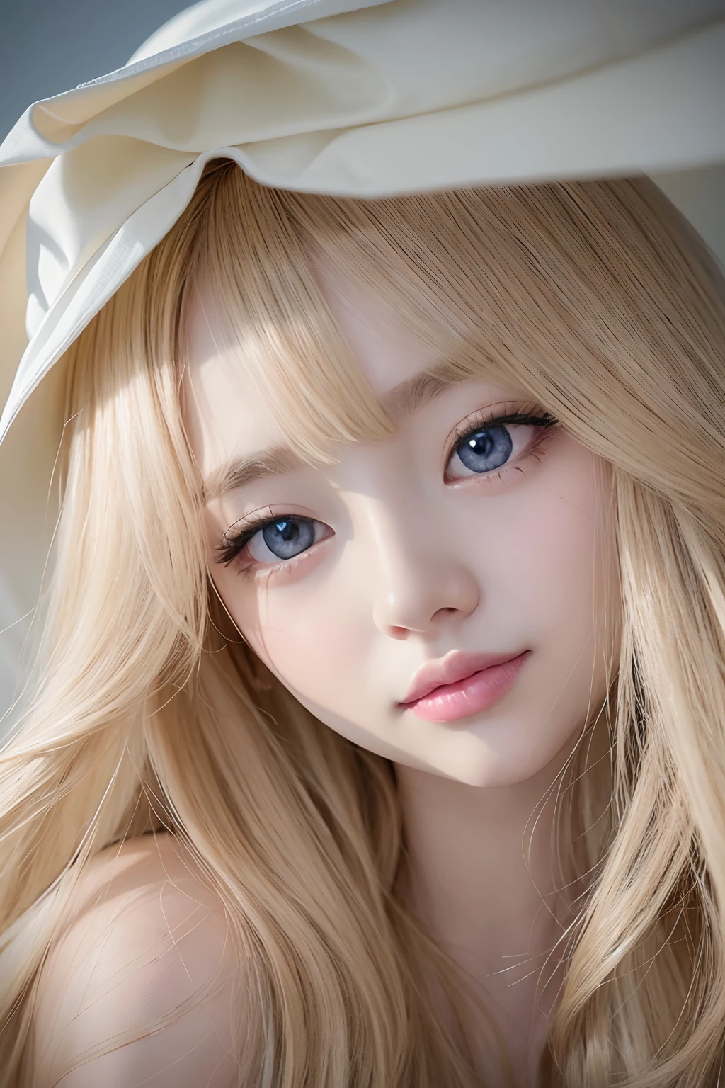Super long blonde straight silk hair dazzling in gold、long hair between the eyes、The most beautiful girl in the world at 15 years old、Shining, Beautiful pale light blue eyes、Big double eyelid eyes、with round face、eye liner、Snow-white skin、shiny skin with shiny cheeks、Large breasts、a little bit smile、full bodyesbian、Engaging pose