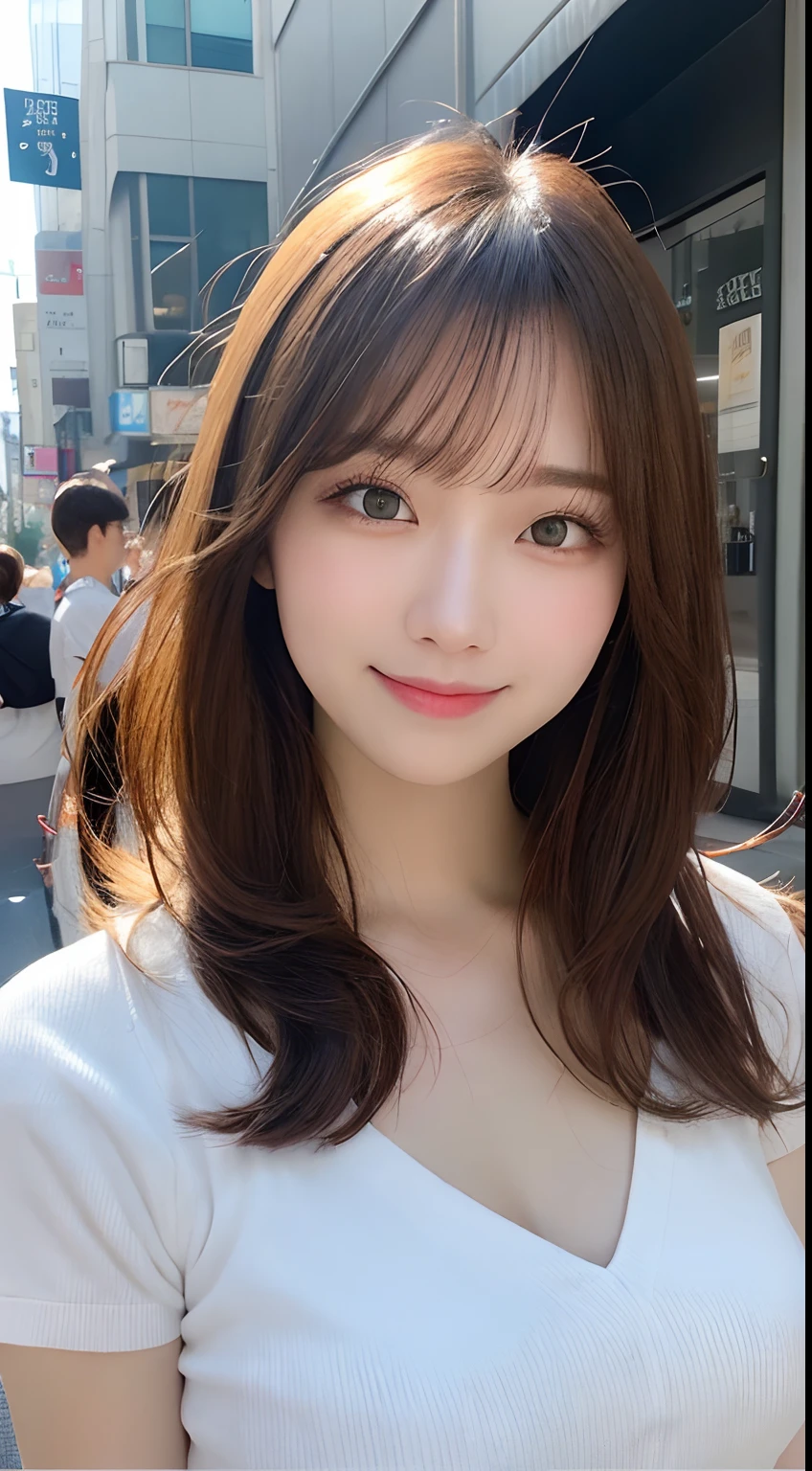 masutepiece, Best Quality, Illustration, Ultra-detailed, finely detail, hight resolution, 8K Wallpaper, Perfect dynamic composition, Beautiful detailed eyes, Women's Fashion🍂,Medium wavy hair,small tits、Natural Color Lip, Bold sexy poses,Smile,Harajuku、20 years girl、Cute、Sexy shot looking at camera