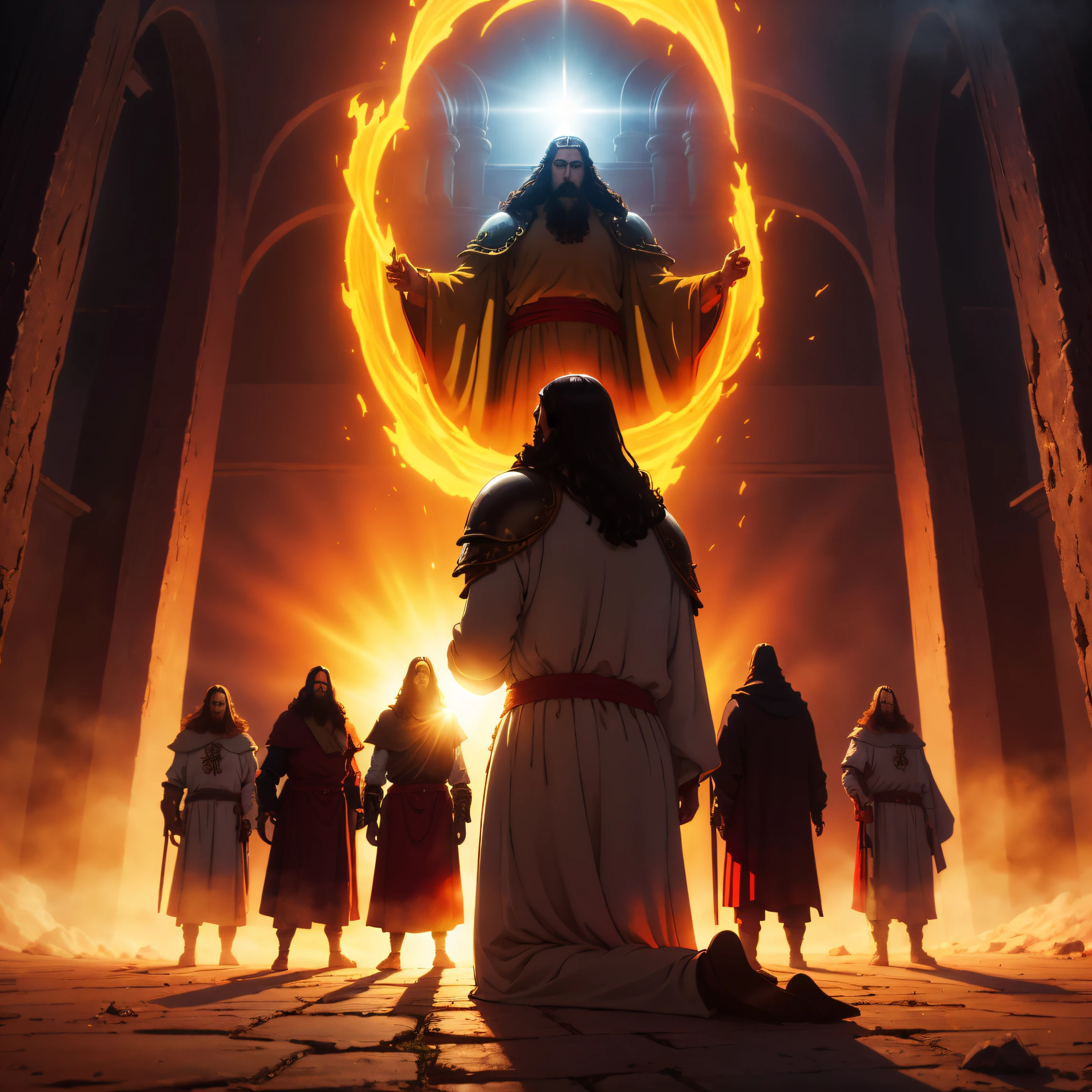 Several gods and kings dressed in armor kneeling in front of Jesus Christ with the dawn behind him