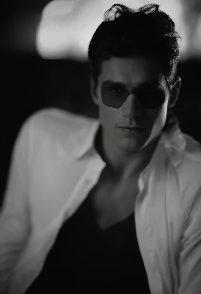 social maffia, bureau, business photo of lawyer (Man) with black sunglasses, extrem light from lamp, dark room