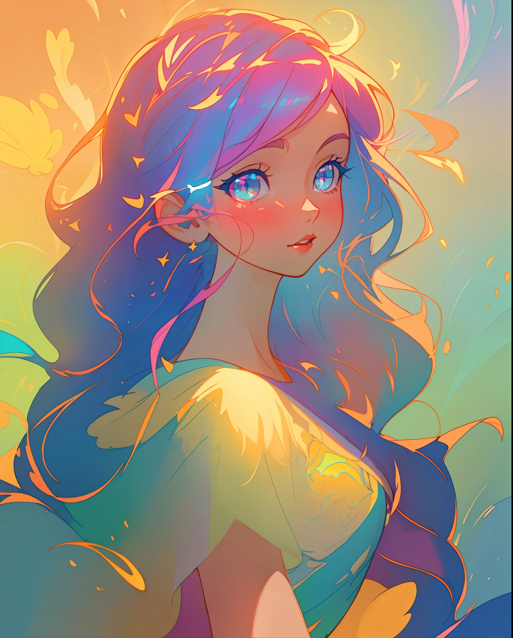 beautiful anime girl, portrait, vibrant pastel colors, (colorful), magical lights, long flowing colorful hair, inspired by Glen Keane, inspired by Lois van Baarle, disney art style, by Lois van Baarle, glowing aura around her, by Glen Keane, jen bartel, glowing lights! digital painting, flowing glowing hair, glowing flowing hair, beautiful digital illustration, fantasia background, whimsical, magical, fantasy, beautiful face, ((masterpiece, best quality)), intricate details, highly detailed, sharp focus, 8k resolution, sparkling detailed eyes, liquid watercolor
